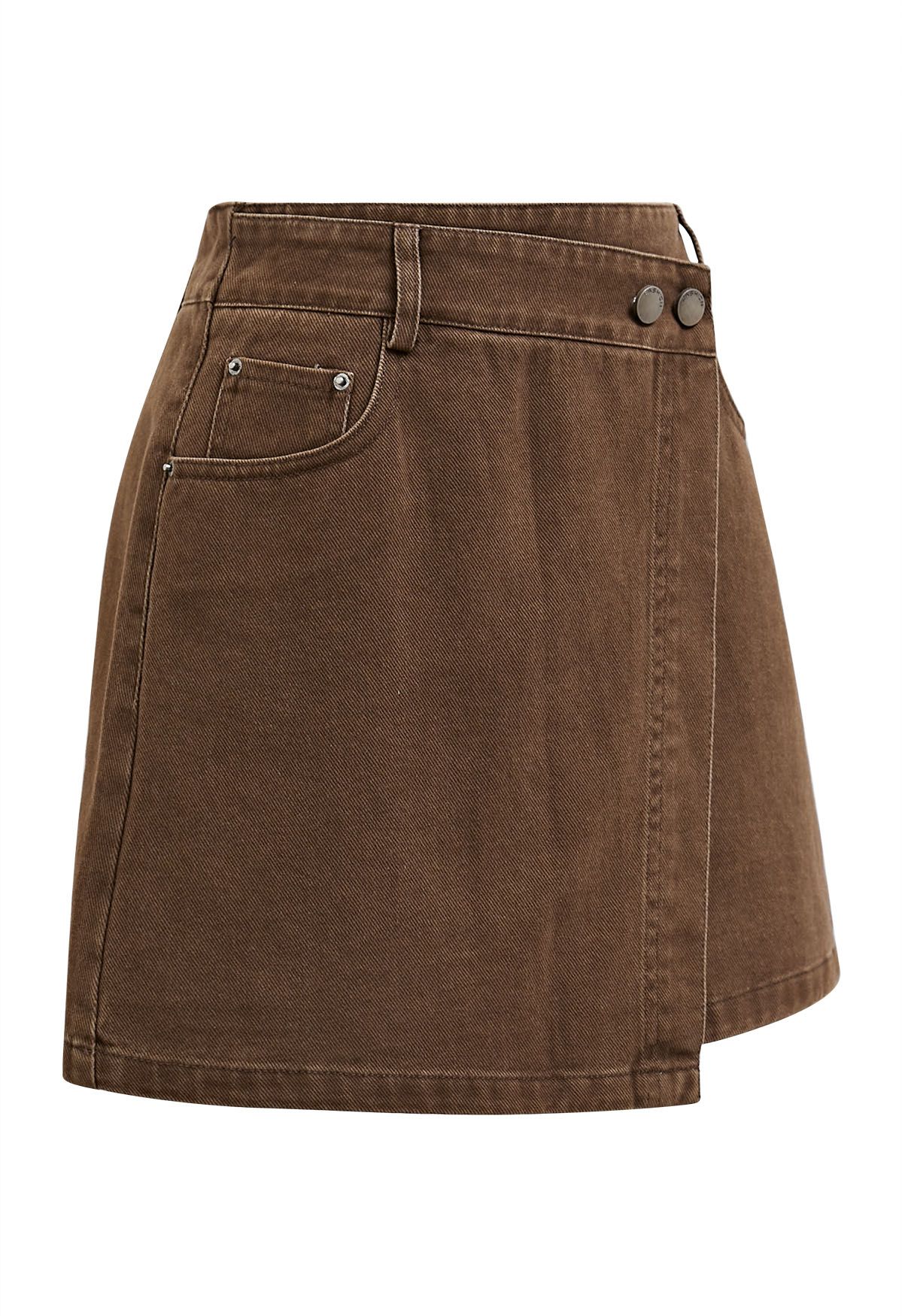 Double-Buttoned Flap Denim Mini Skirt in Brown