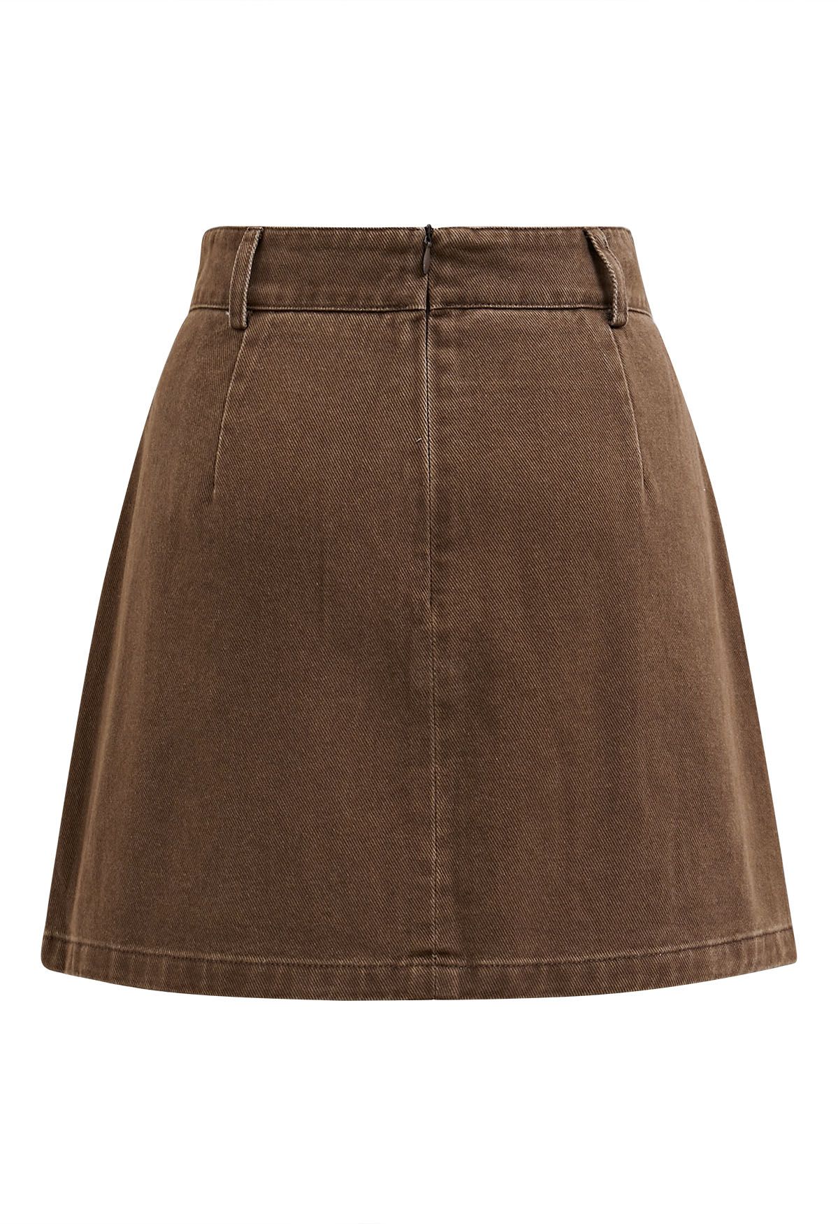 Double-Buttoned Flap Denim Mini Skirt in Brown