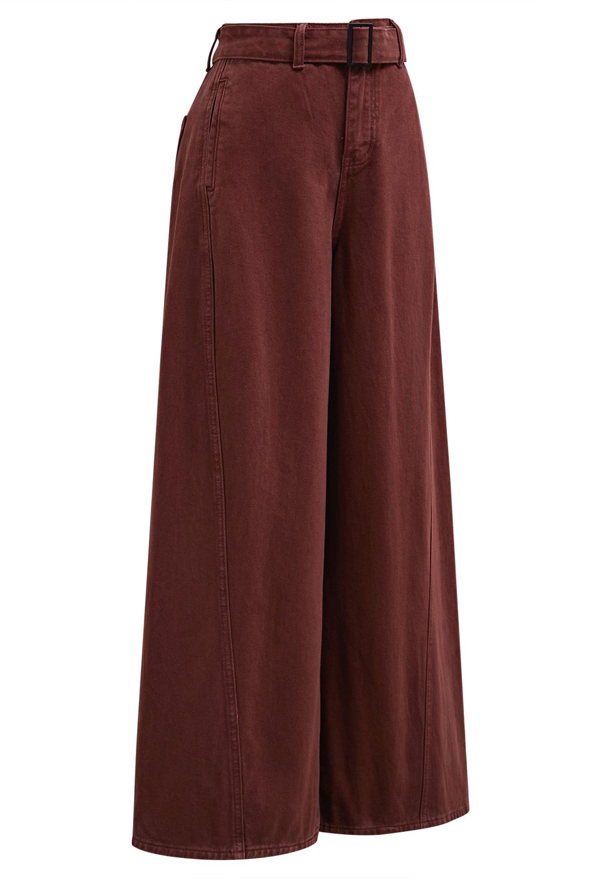 Classic Belted High-Waist Wide-Leg Jeans in Burgundy