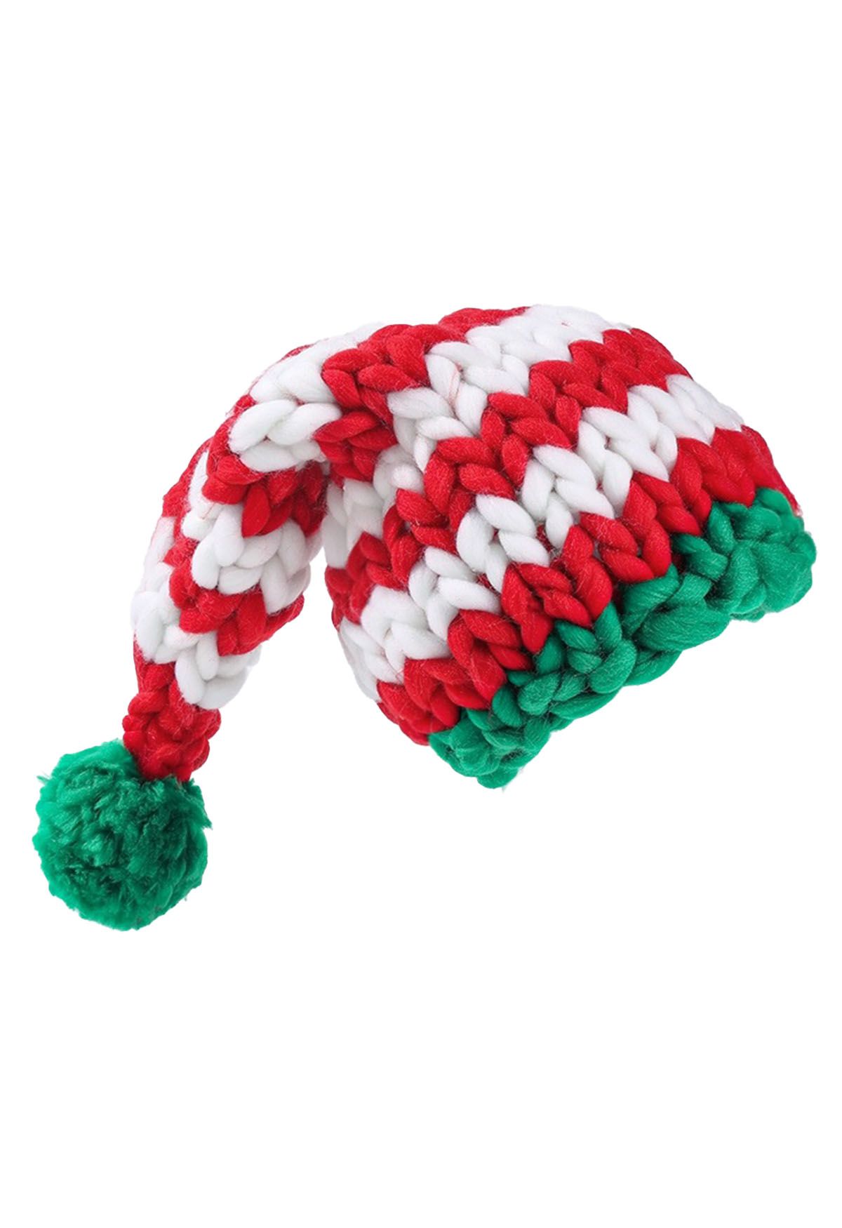 Gorro navideño trenzado a mano con pompones y rayas