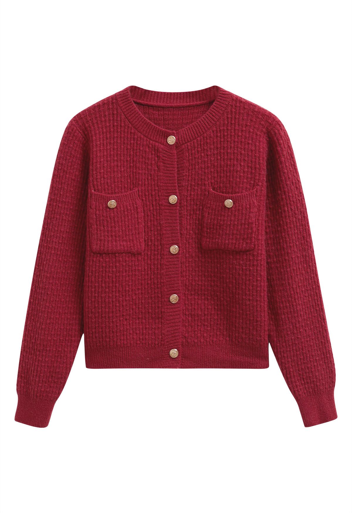 Embossed Dots Patch Pocket Buttoned Knit Cardigan in Red