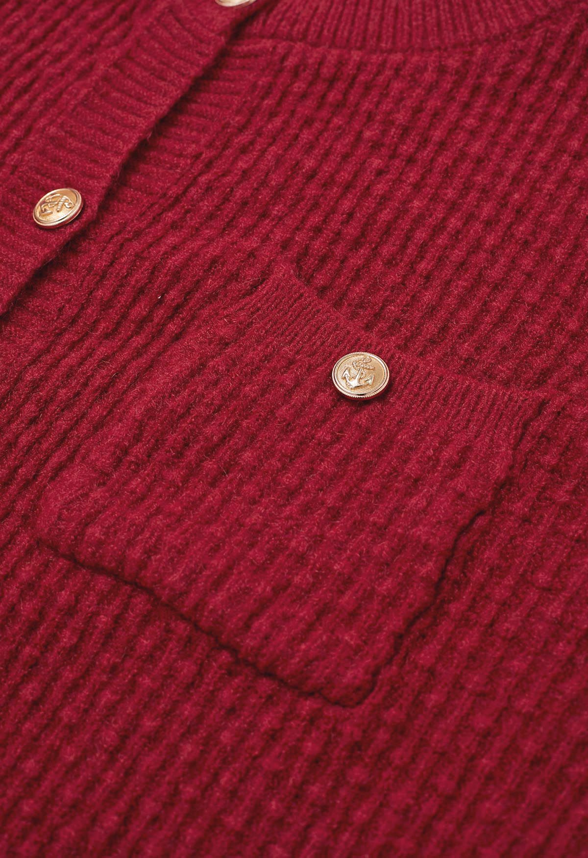 Embossed Dots Patch Pocket Buttoned Knit Cardigan in Red