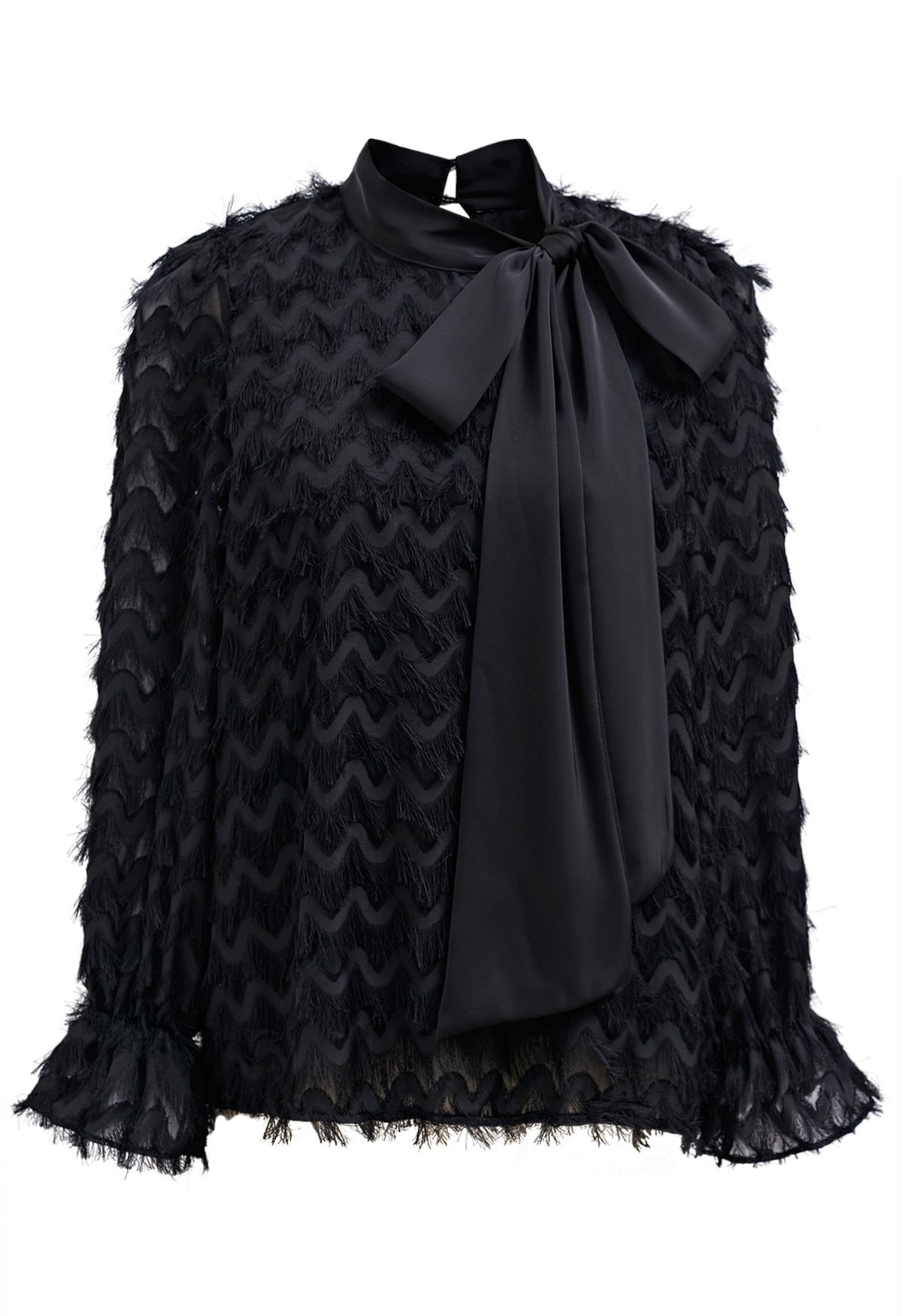 Satin Bowknot Wavy Tassel Overlay Shirt in Black