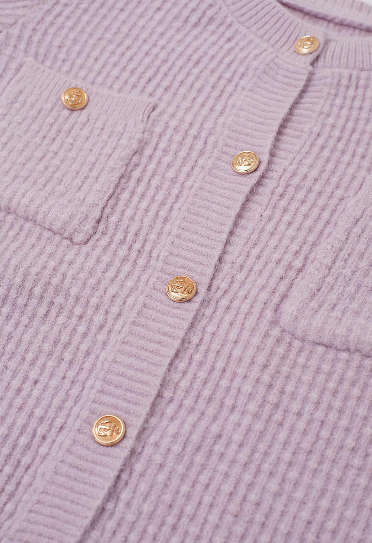 Embossed Dots Patch Pocket Buttoned Knit Cardigan in Lilac