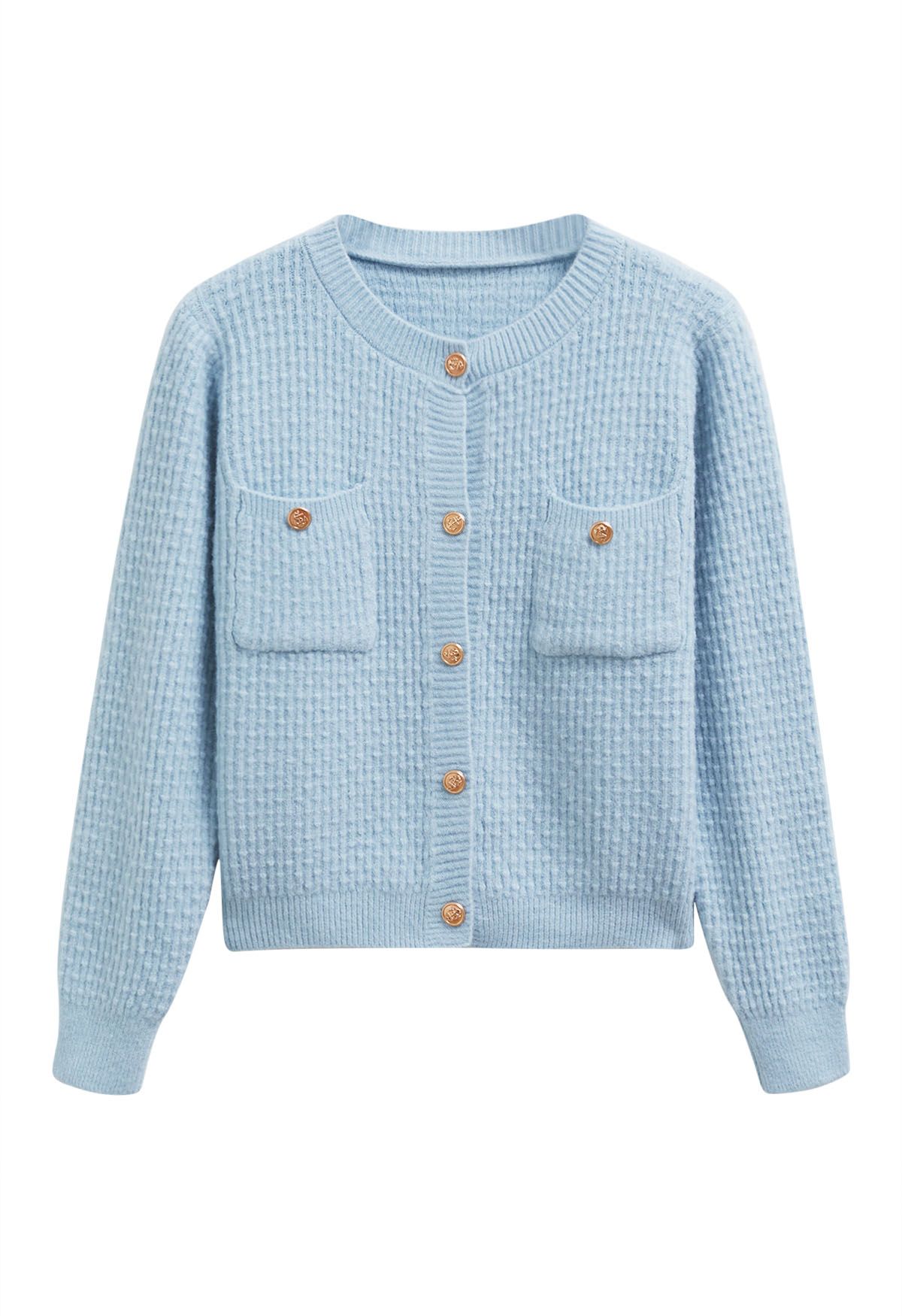 Embossed Dots Patch Pocket Buttoned Knit Cardigan in Baby Blue