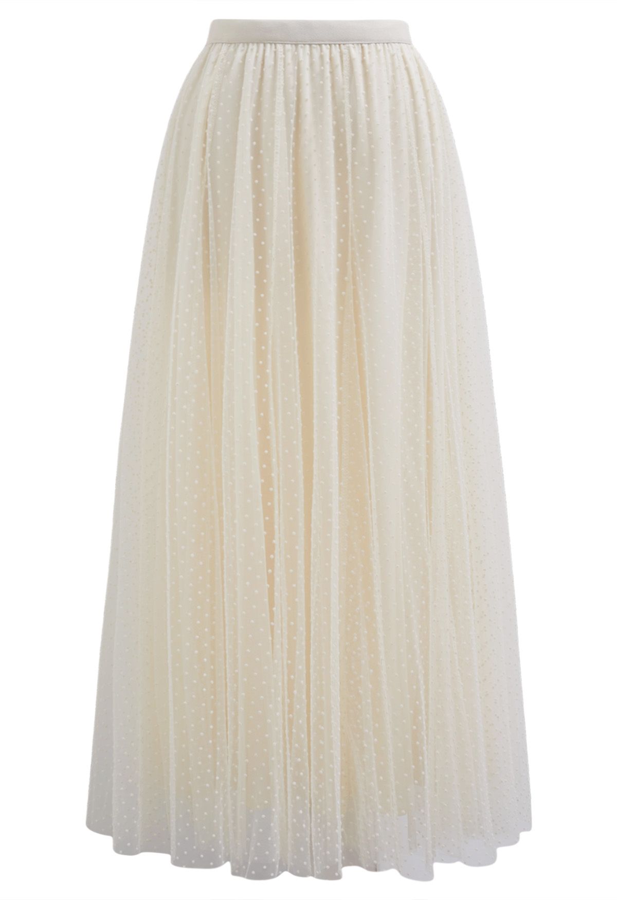 Flock Dots Double-Layered Mesh Tulle Maxi Skirt in Cream