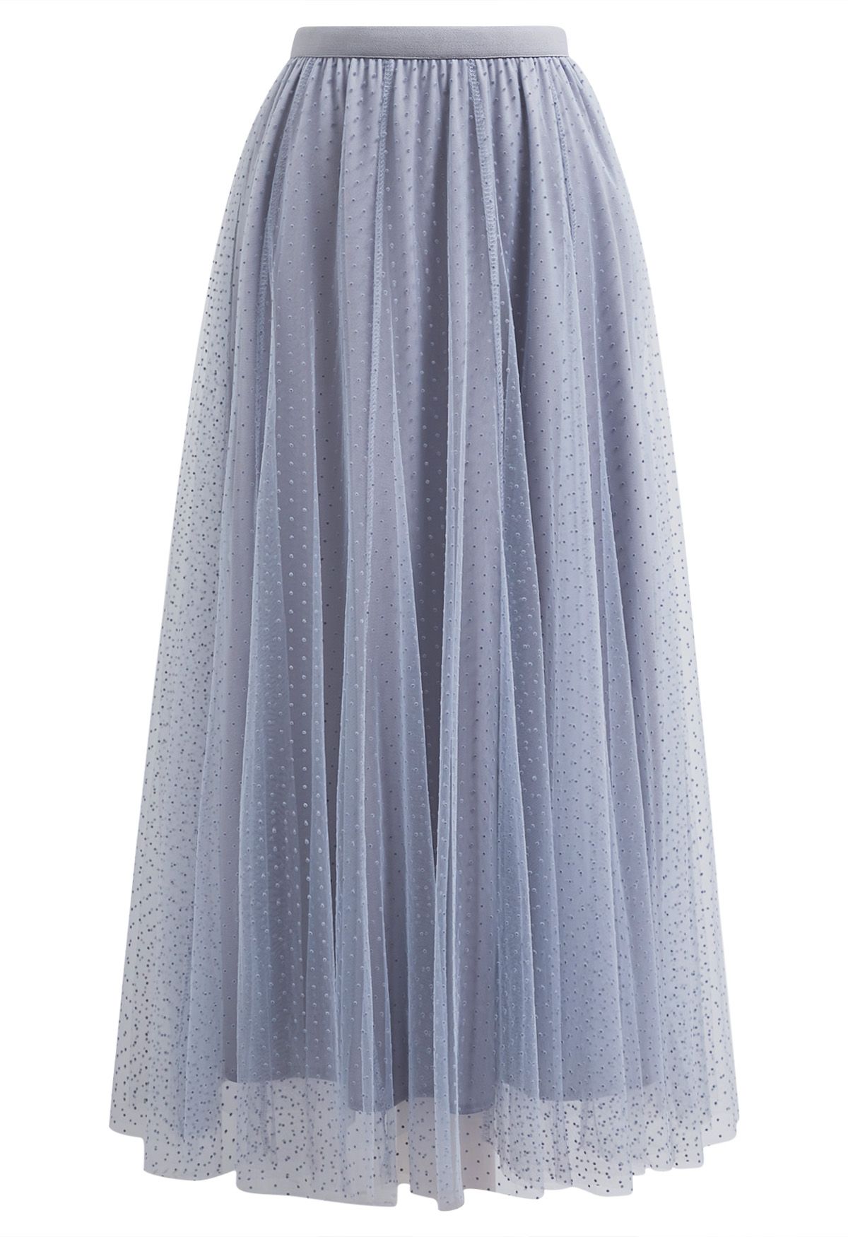 Flock Dots Double-Layered Mesh Tulle Maxi Skirt in Dusty Blue