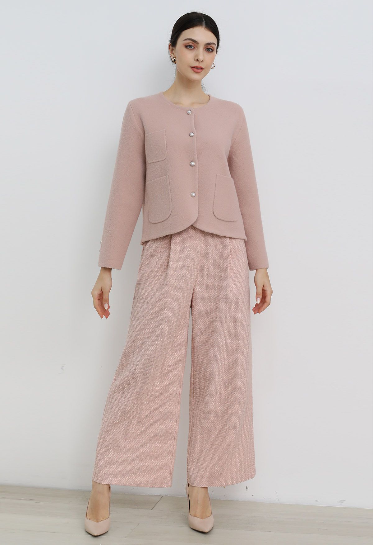 Stylish Tweed Pleats Palazzo Pants in Pink