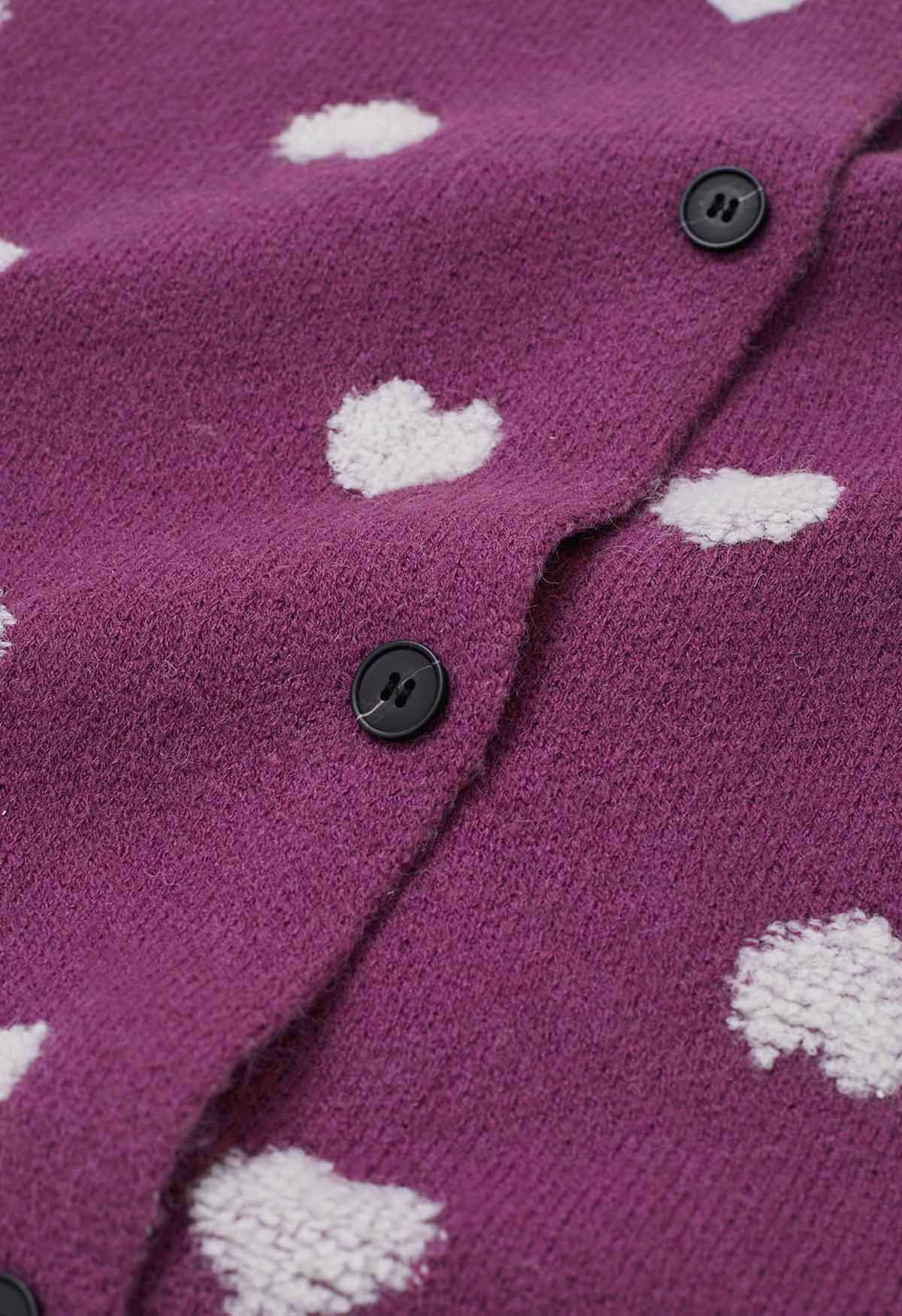 Cárdigan de punto jacquard con botones y corazón difuso en violeta