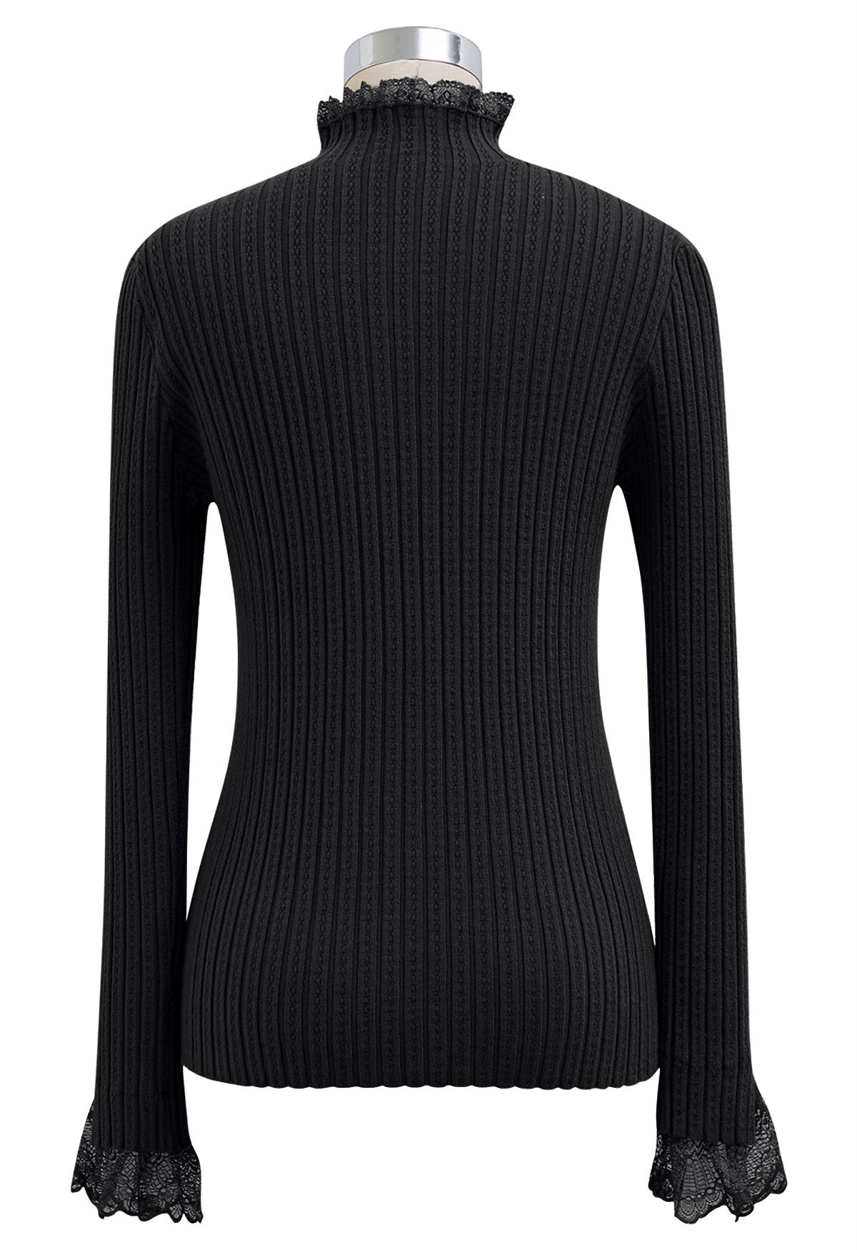 Lace Trim Mock Neck Ribbed Knit Top in Black