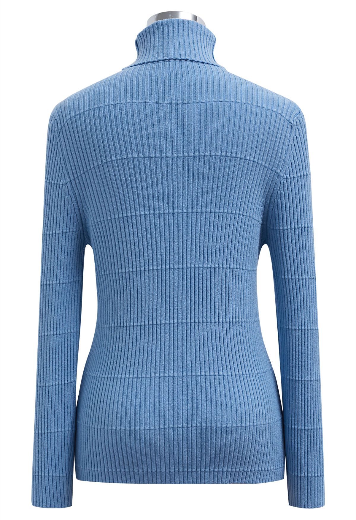 Top de punto con textura acanalada y cuello alto Softness en azul