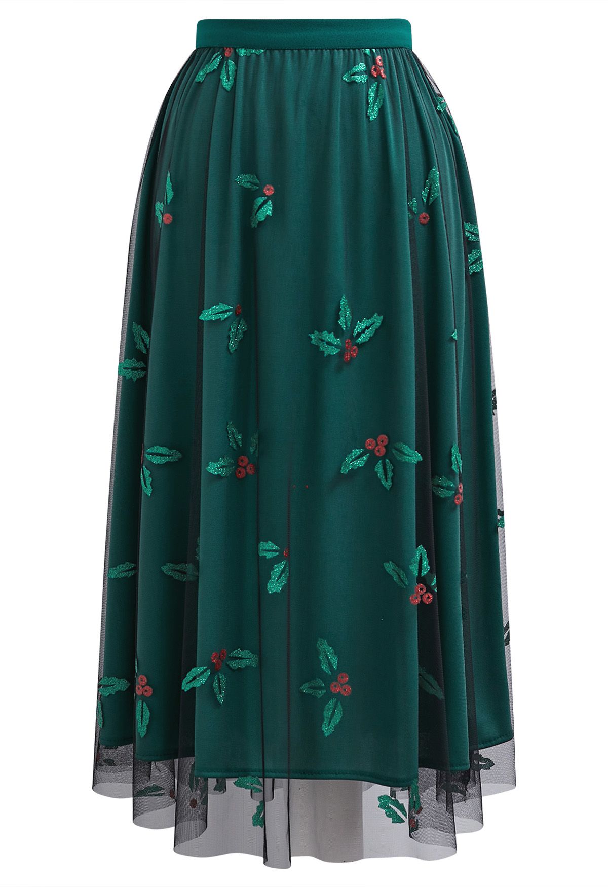 Falda midi de tul de malla Joyful Holly en verde oscuro