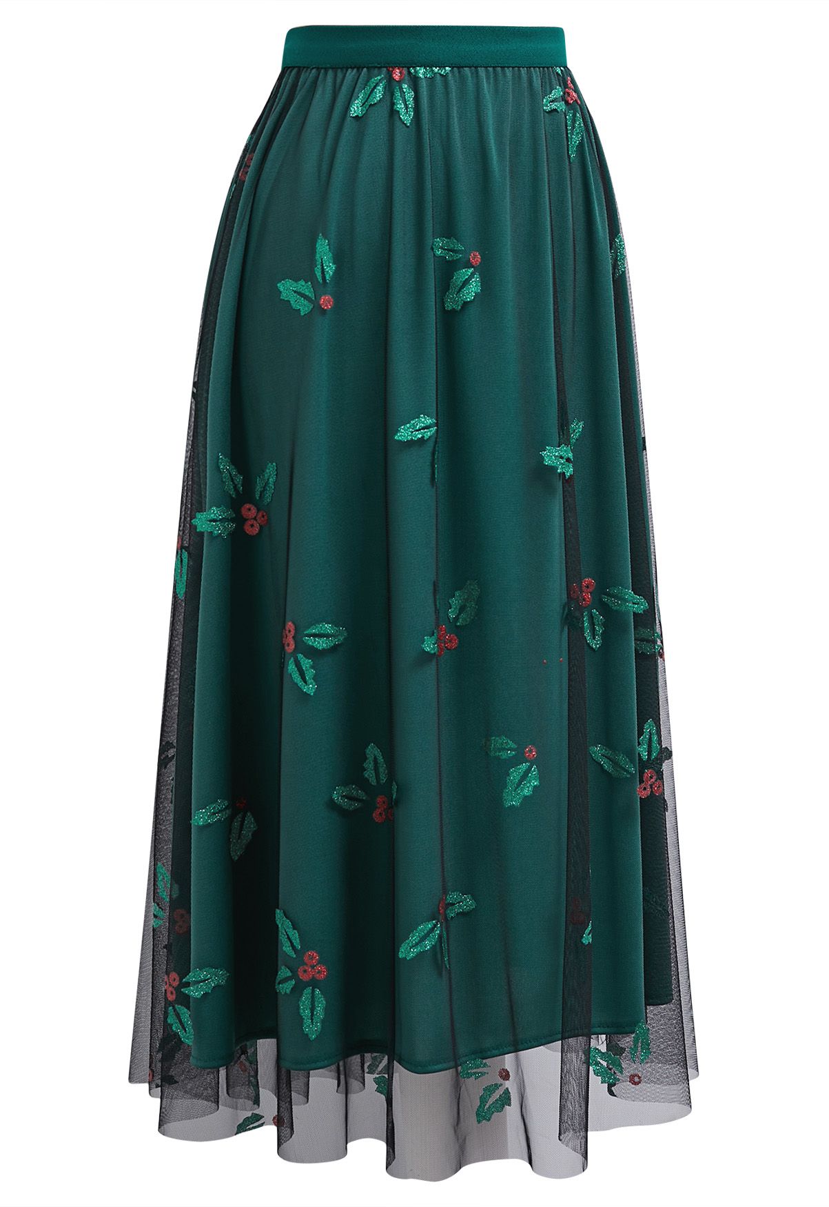 Falda midi de tul de malla Joyful Holly en verde oscuro