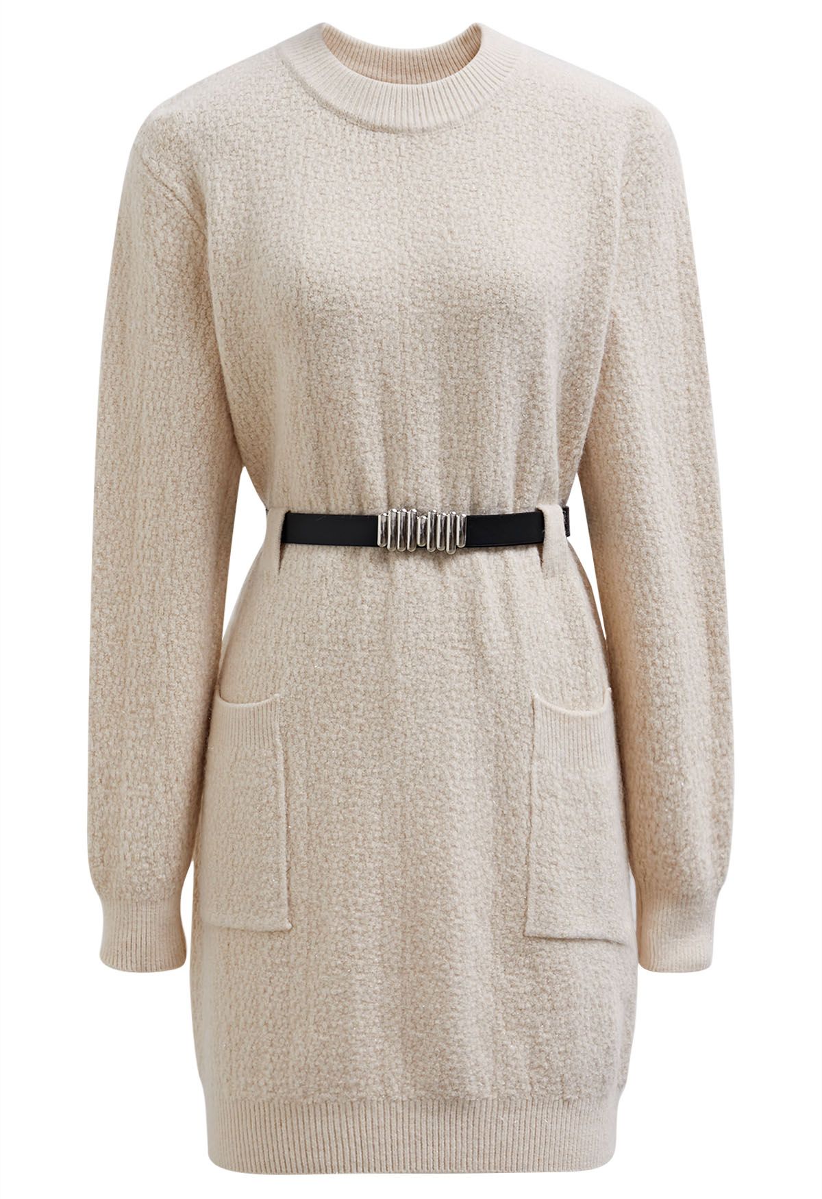 Patch Pocket Belted Mini Sweater Dress in Ivory