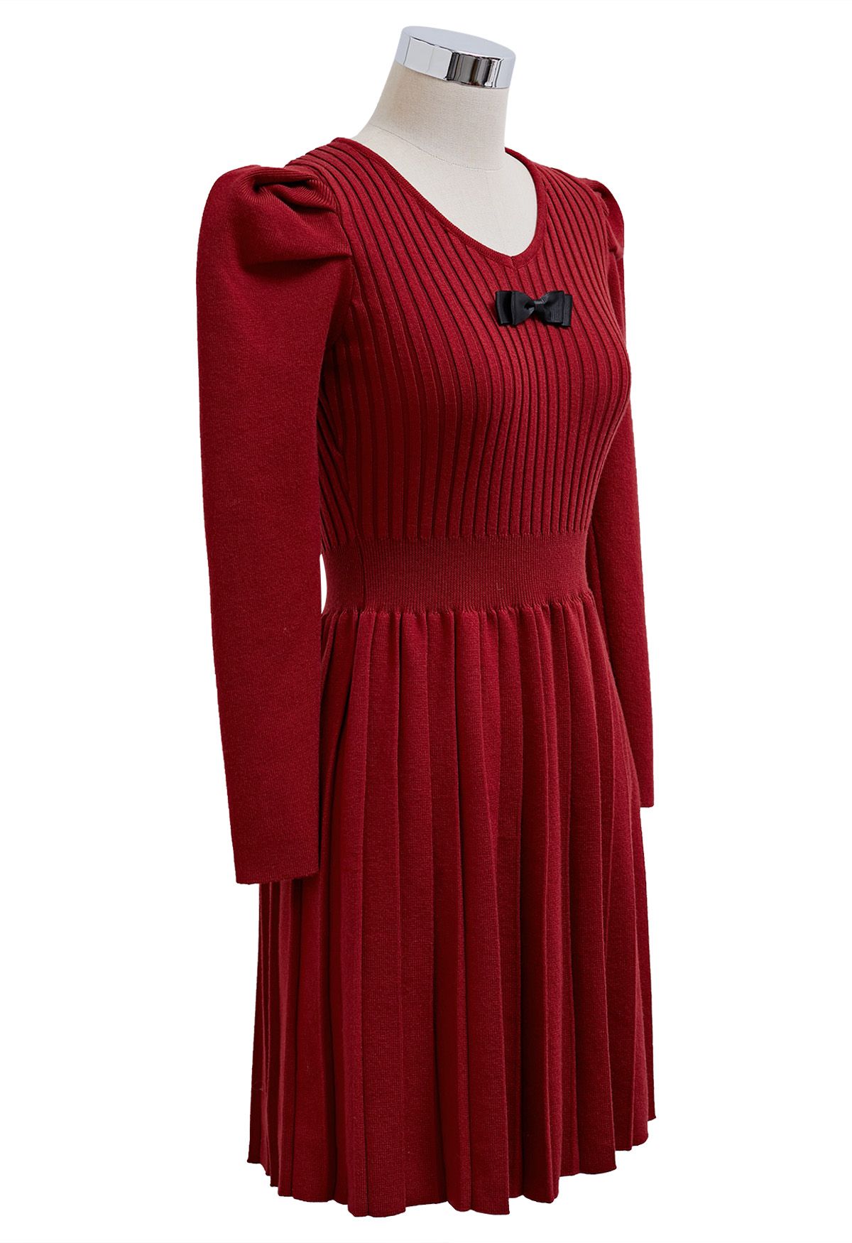 Delicate Bow Puff Sleeve Pleated Knit Mini Dress in Red