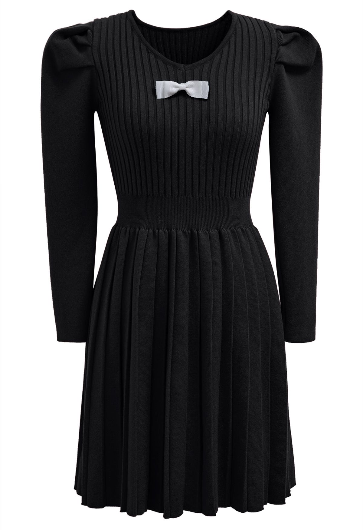 Delicate Bow Puff Sleeve Pleated Knit Mini Dress in Black