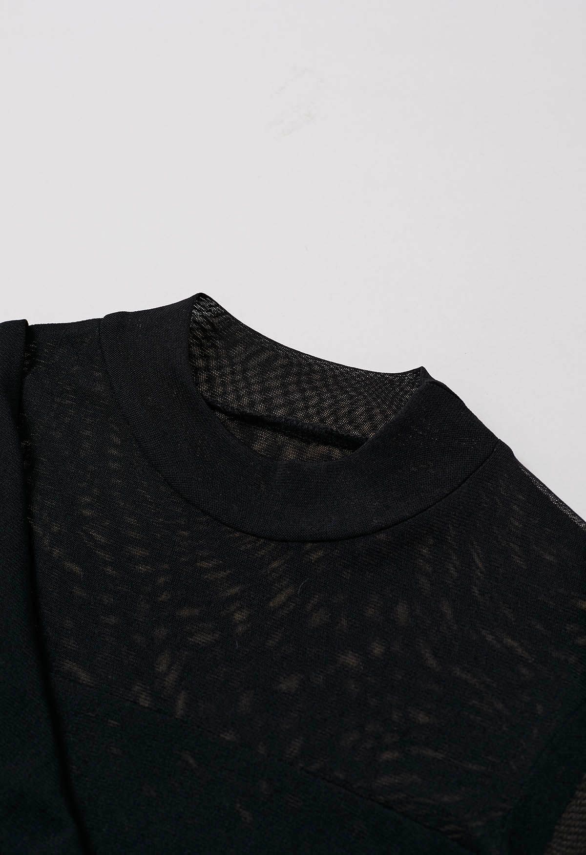 Twist Front Double-Layered Mesh Mock Neck Top in Black