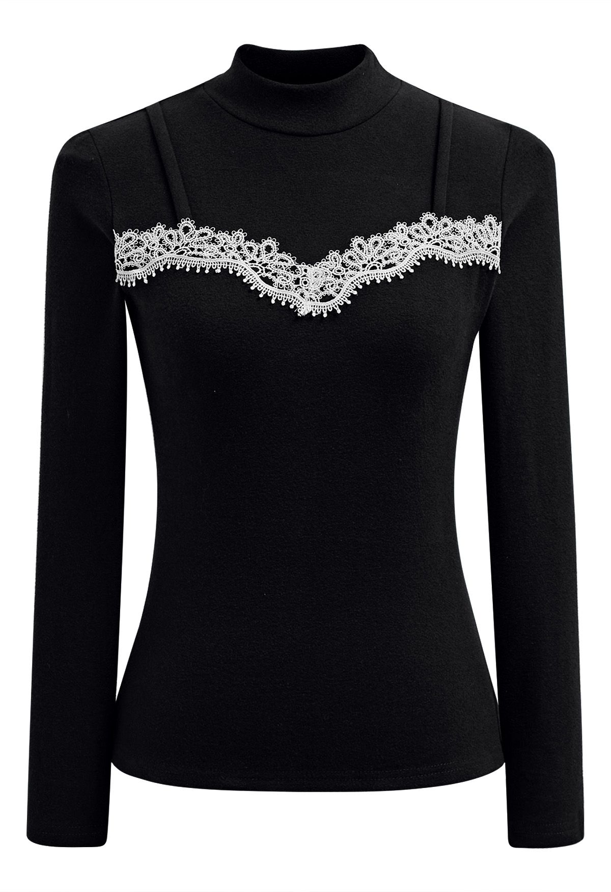 Blusa de cuello alto con ribete de crochet Tender Touch en color negro