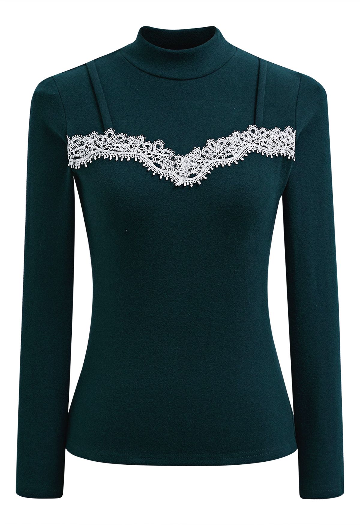 Blusa de cuello alto con ribete de crochet Tender Touch en verde oscuro