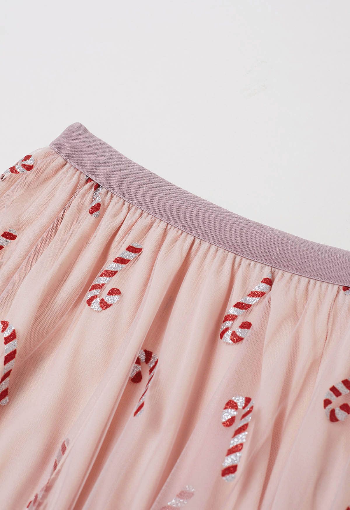 Shimmer Candy Cane Mesh Tulle Midi Skirt in Pink