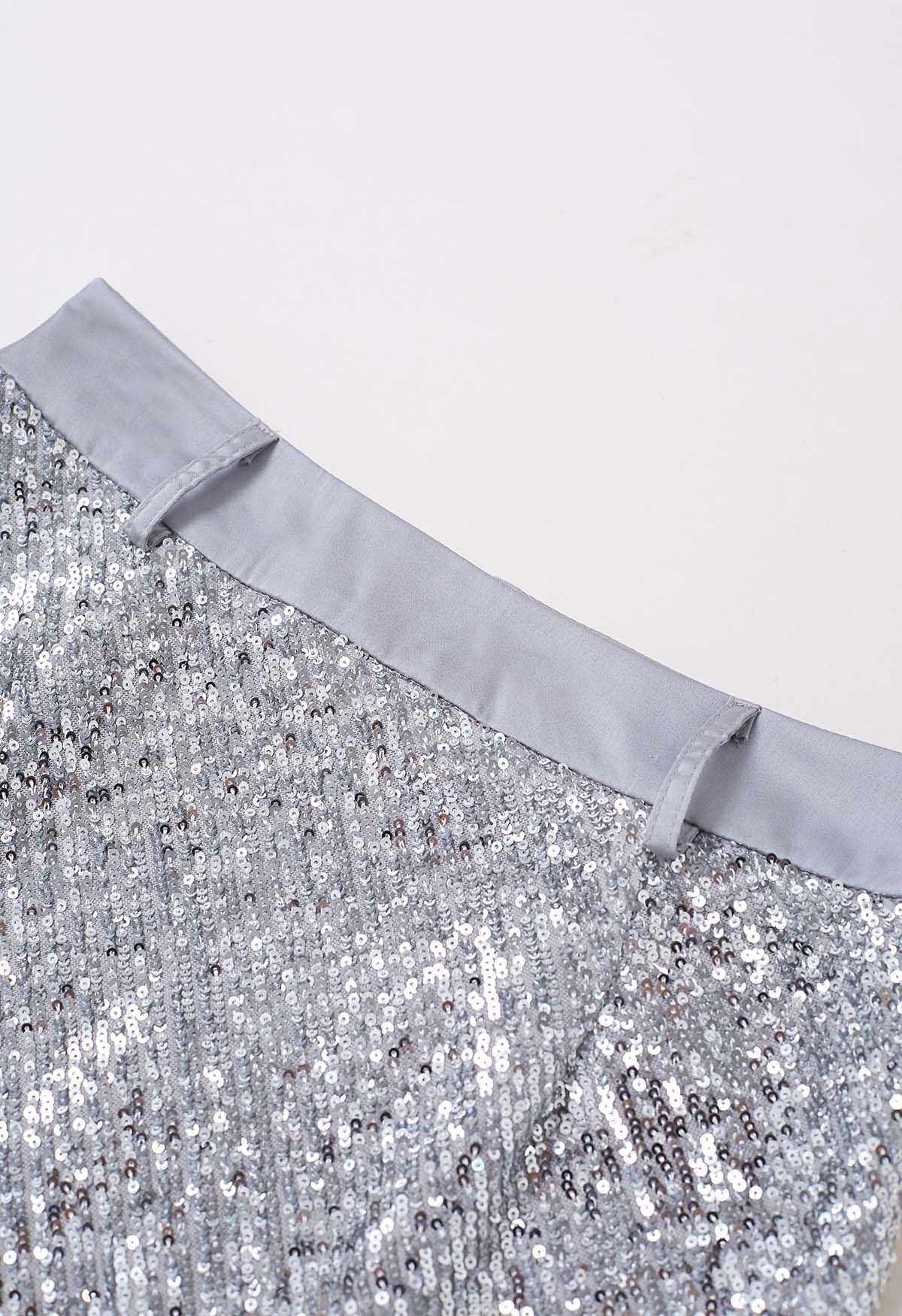 Sparkling Sequin Belted Mini Bud Skirt in Silver