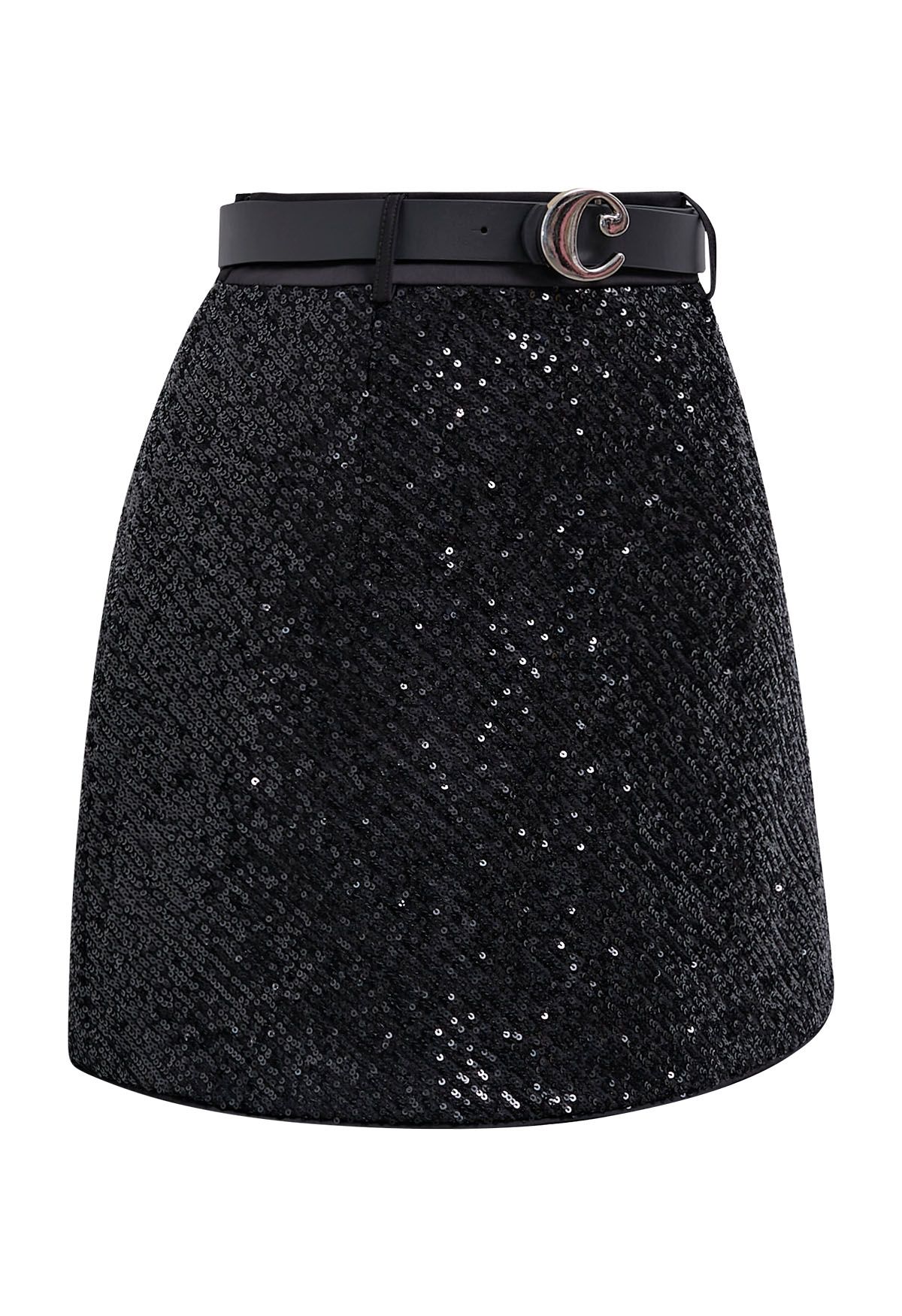 Sparkling Sequin Belted Mini Bud Skirt in Black