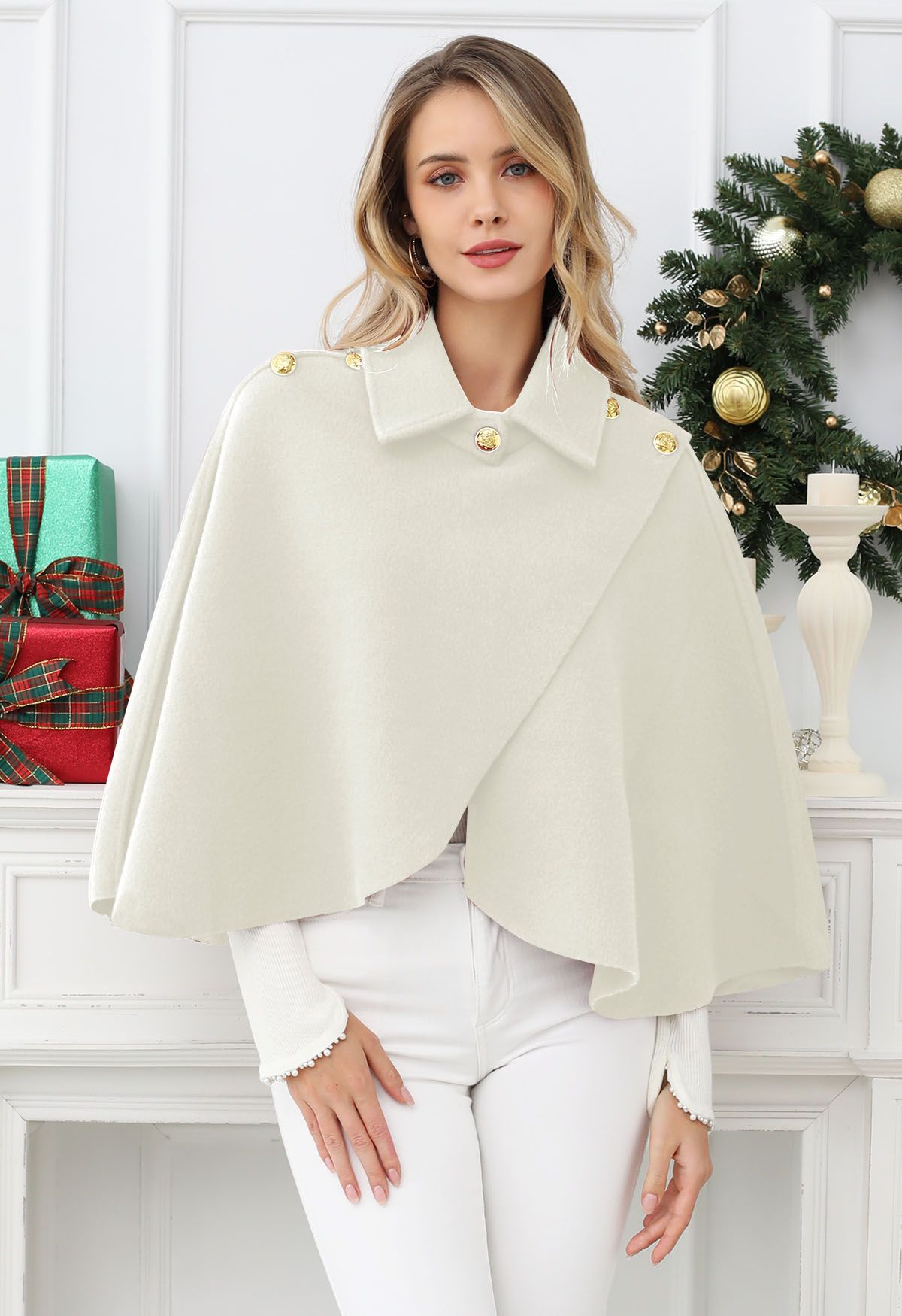 Golden Button Wrapped Knit Cape in Cream