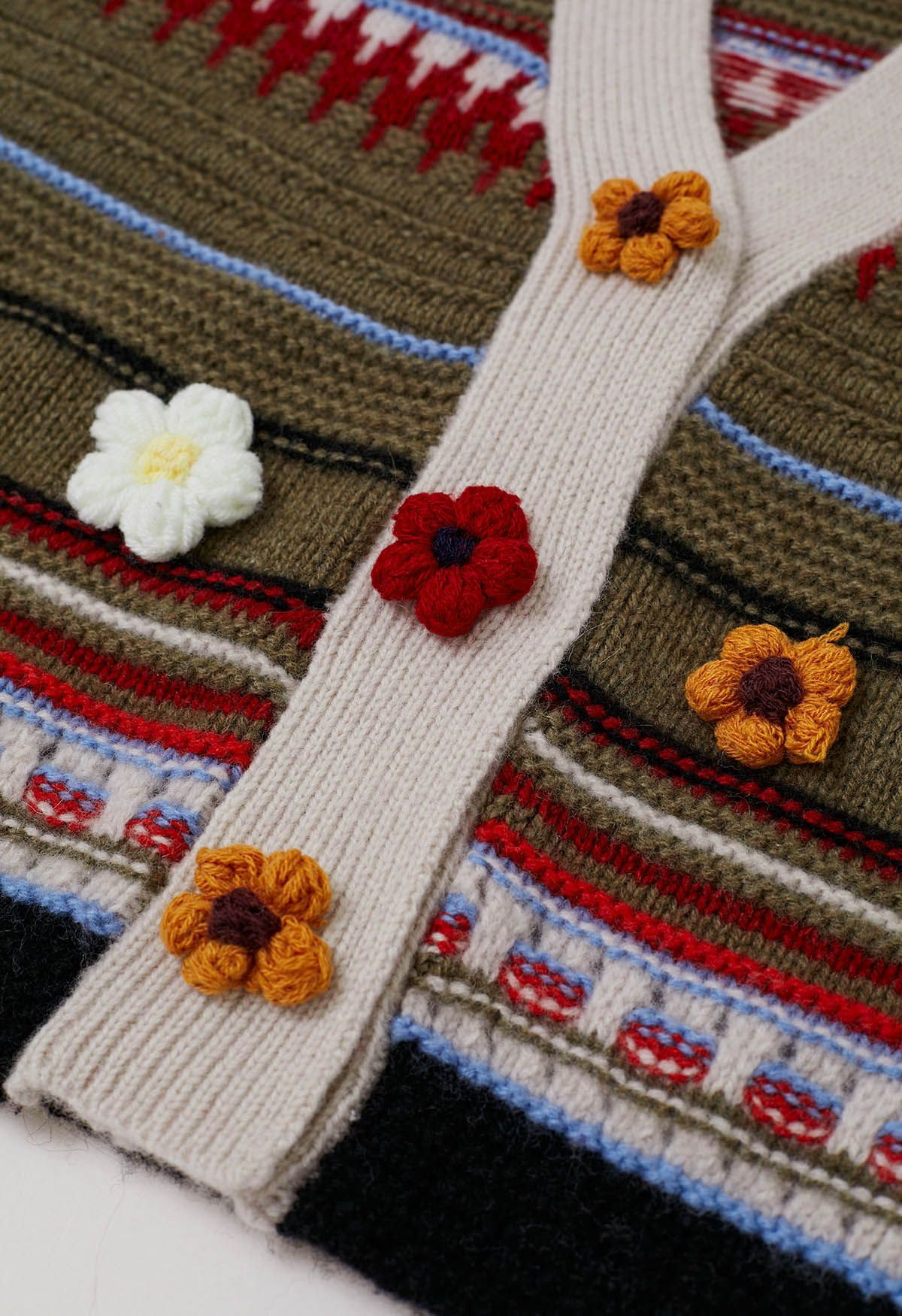 Cárdigan de lana Fair Isle con estampado de flores de Stitch en verde militar