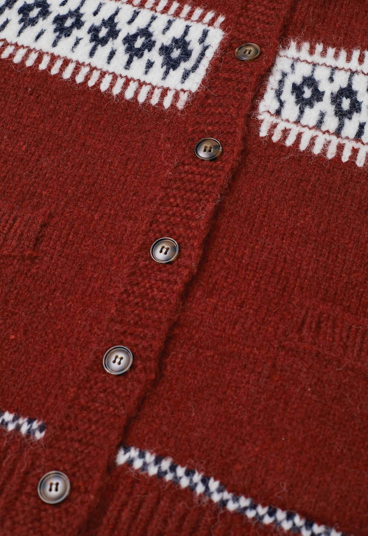 Cárdigan de punto con capucha y botones Fair Isle en contraste en rojo