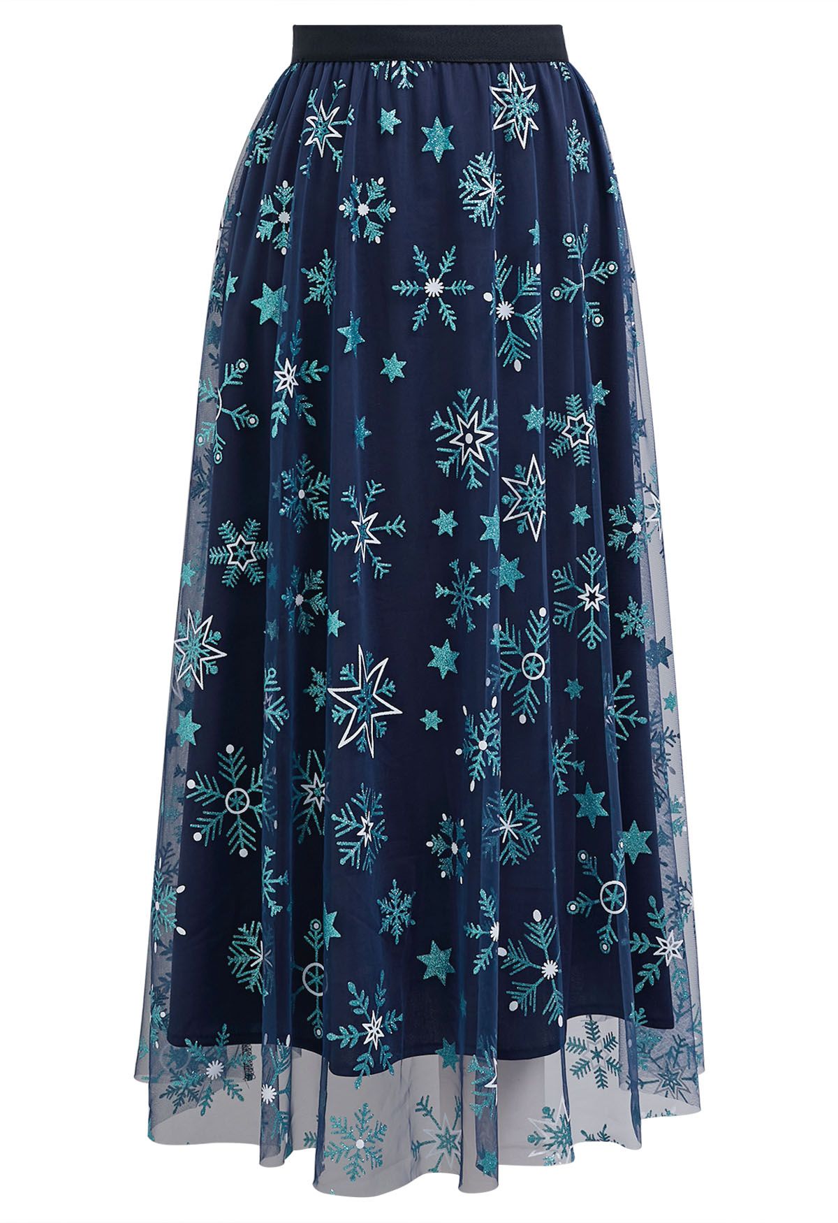 Falda midi de tul con malla y copos de nieve y estrellas brillantes