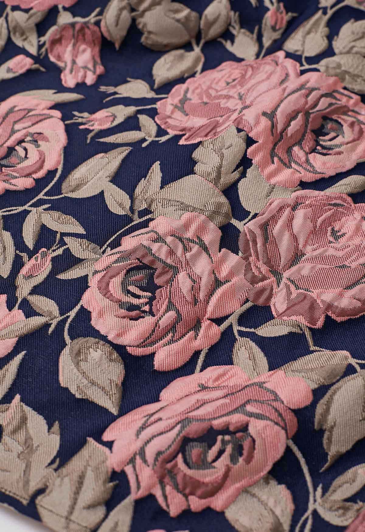 Falda midi plisada de jacquard con rosas encantadas en azul marino