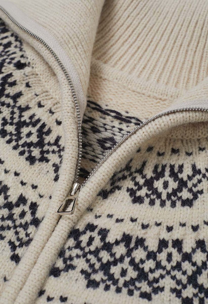 Cárdigan de punto jacquard Fair Isle con doble cremallera en color crema