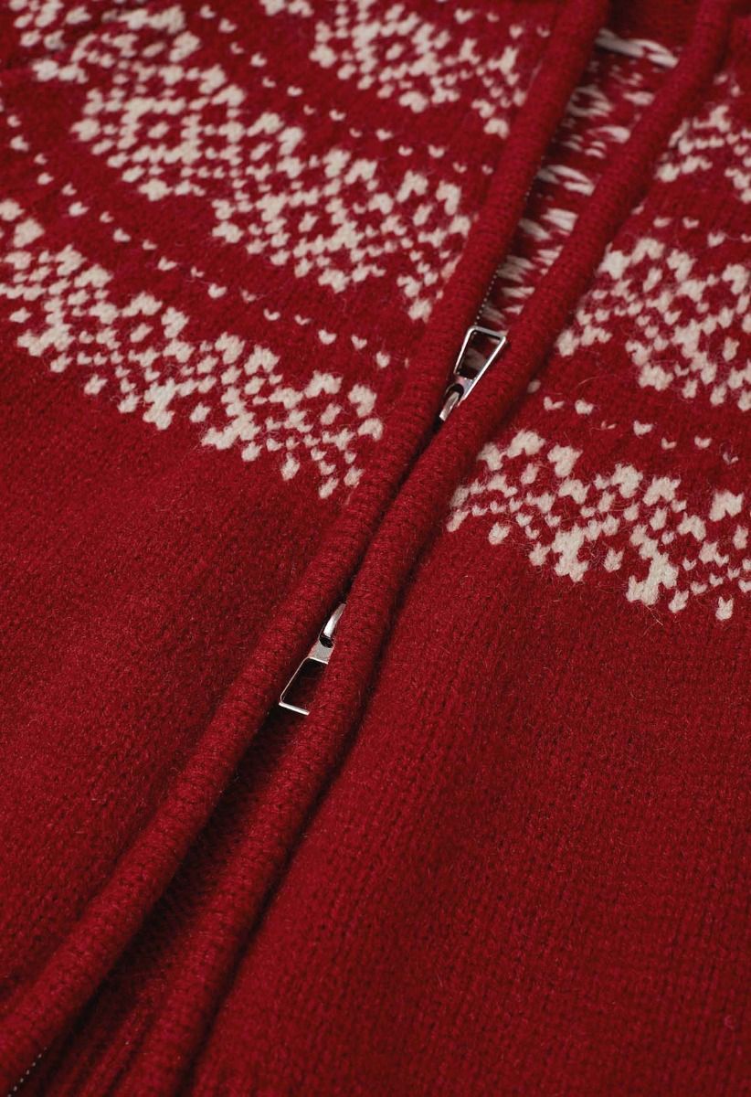 Cárdigan de punto jacquard Fair Isle con doble cremallera en color rojo