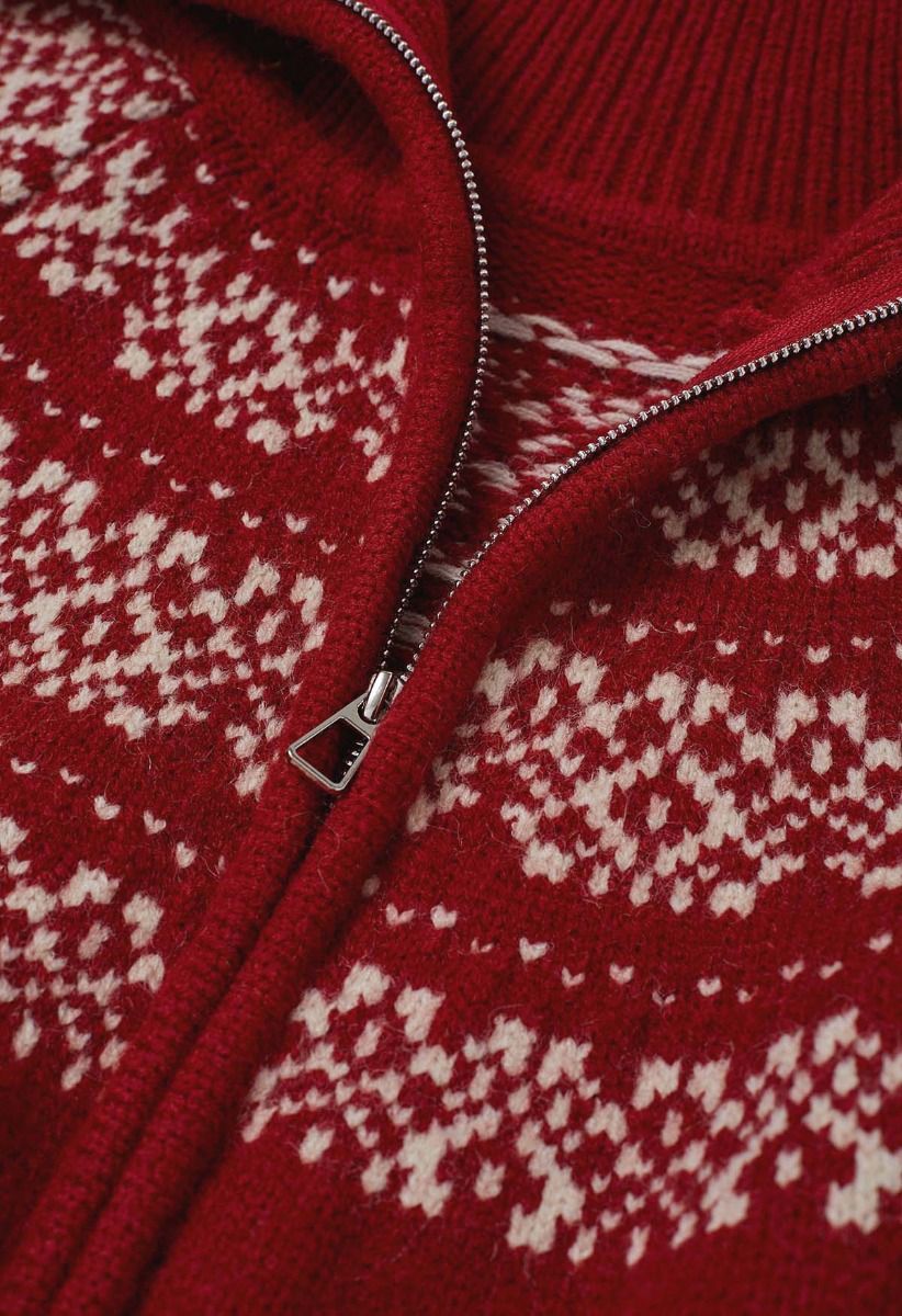 Cárdigan de punto jacquard Fair Isle con doble cremallera en color rojo