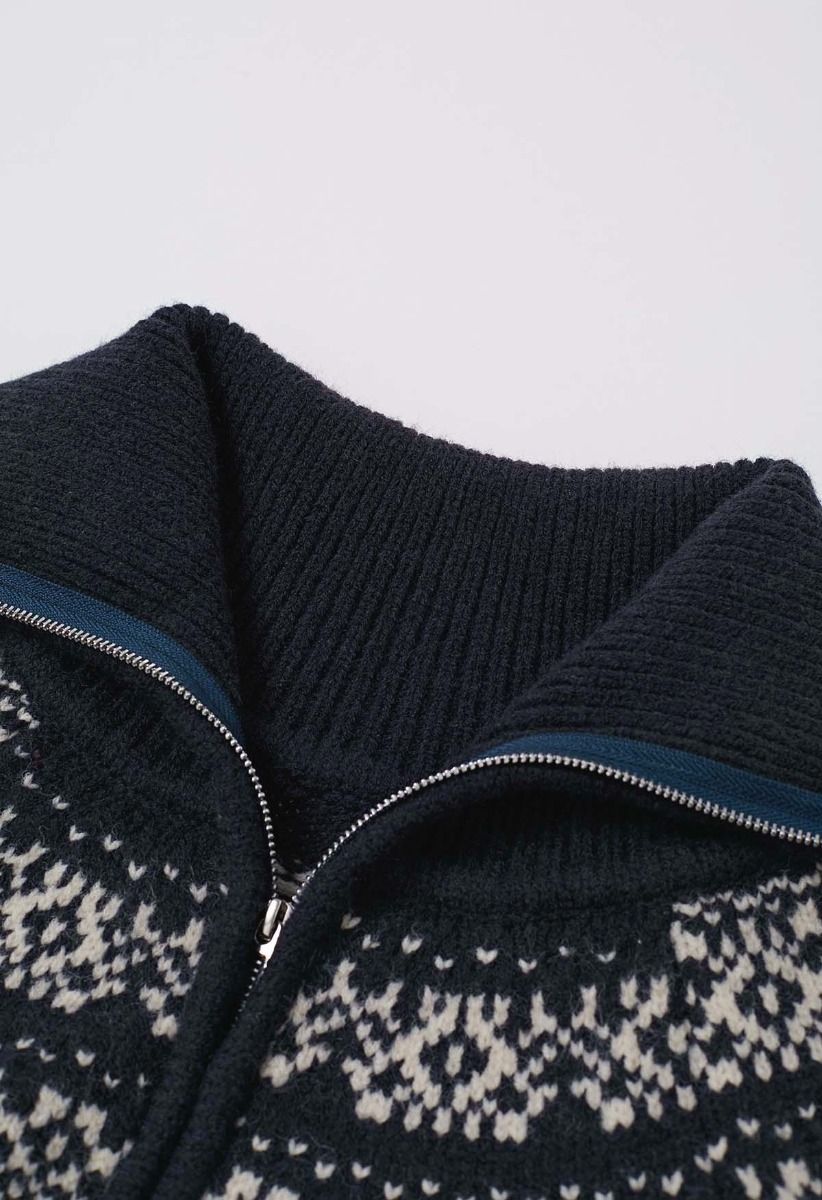 Cárdigan de punto jacquard Fair Isle con doble cremallera en azul marino