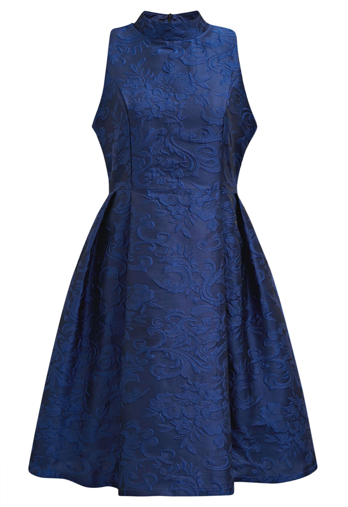 Magnífico vestido sin mangas de jacquard floral en azul real