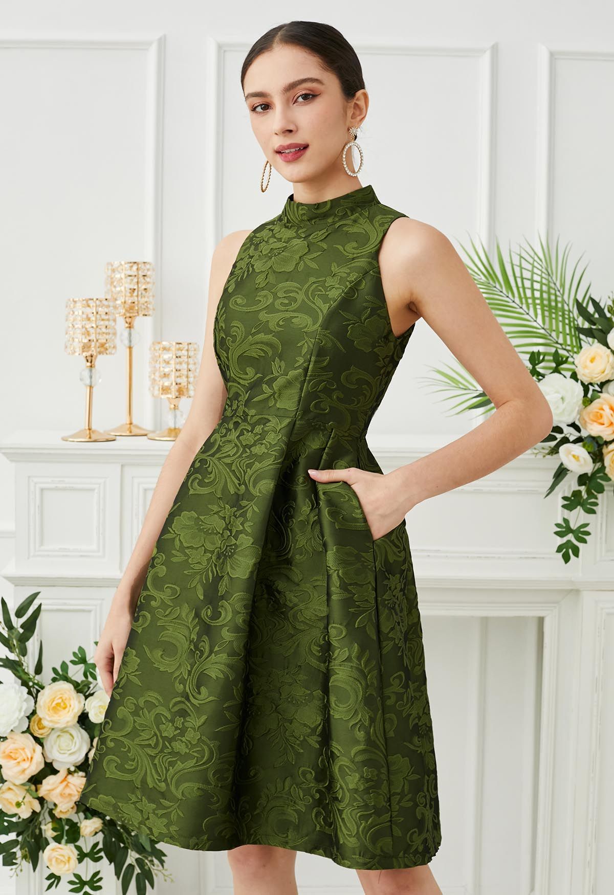 Magnífico vestido sin mangas de jacquard floral en color verde