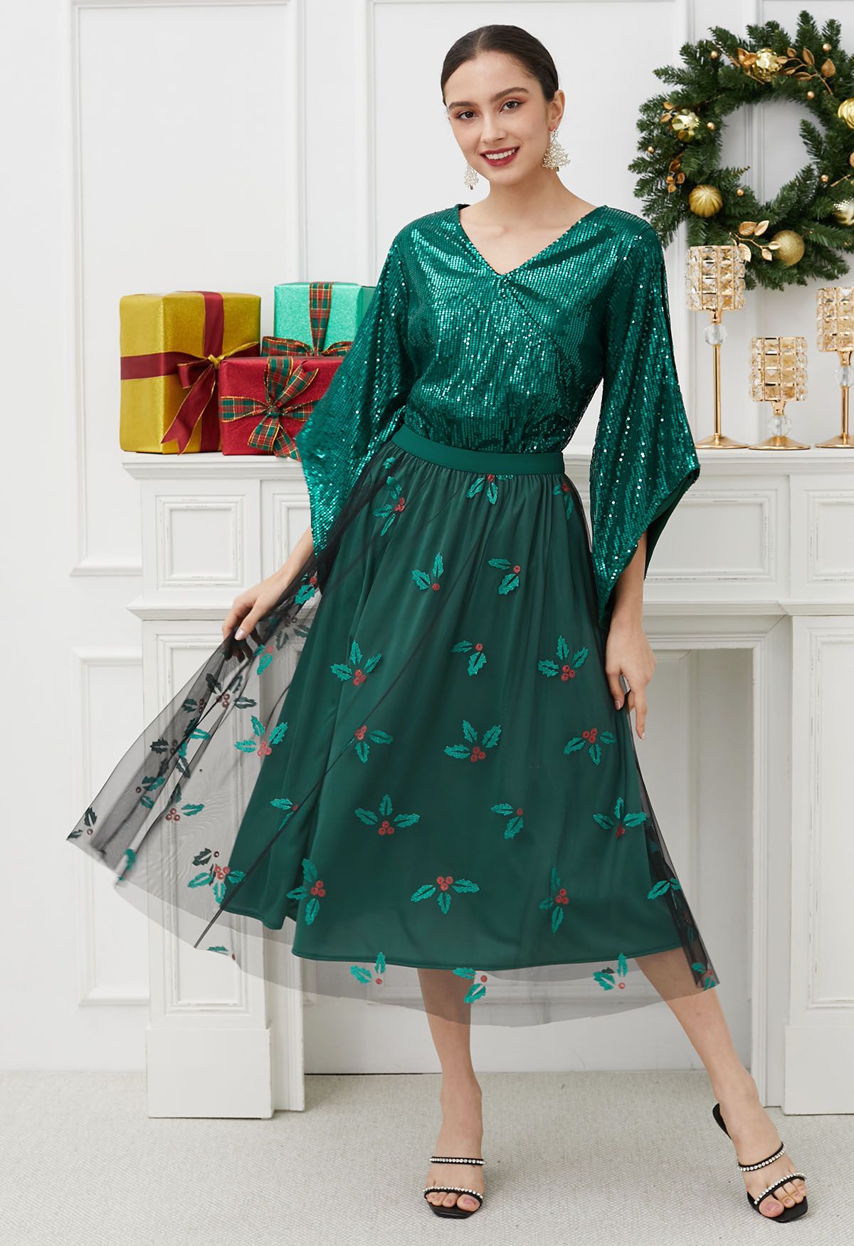 Falda midi de tul de malla Joyful Holly en verde oscuro