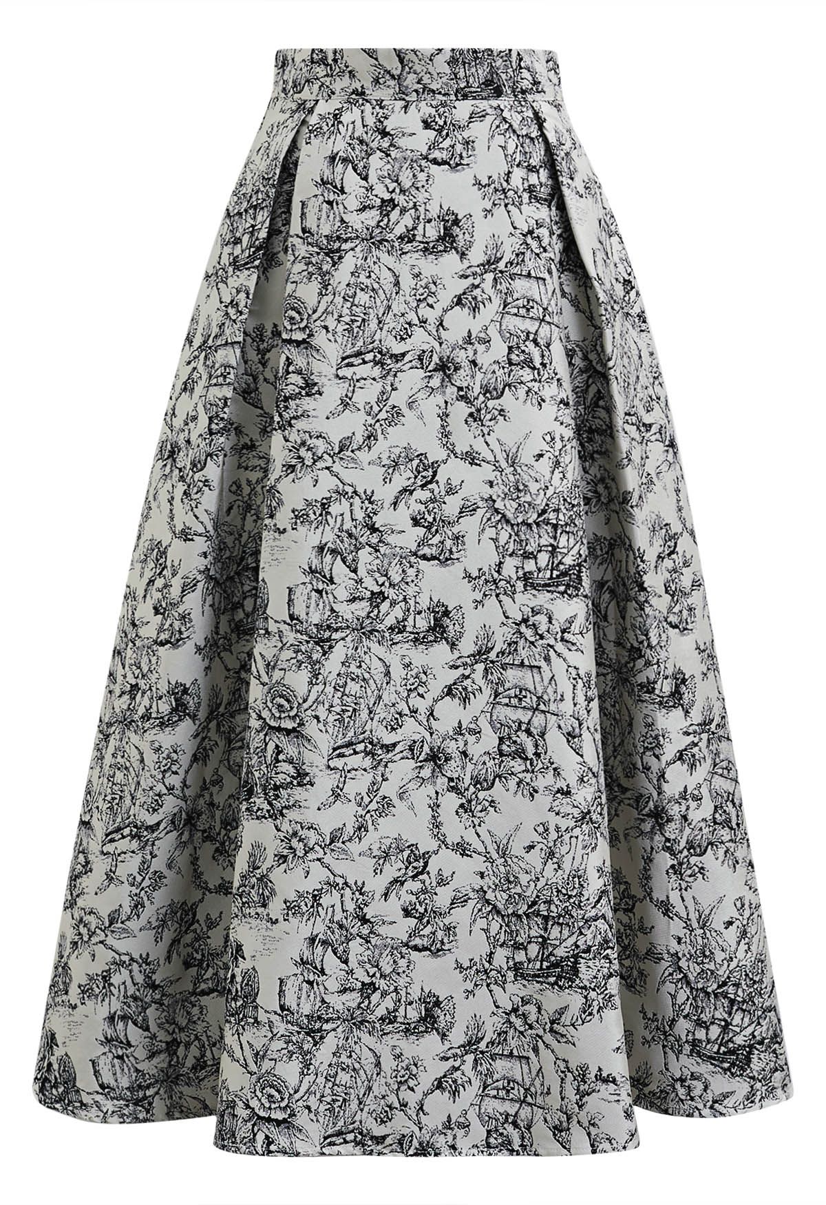 Falda midi elegante de corte A con estampado floral en jacquard