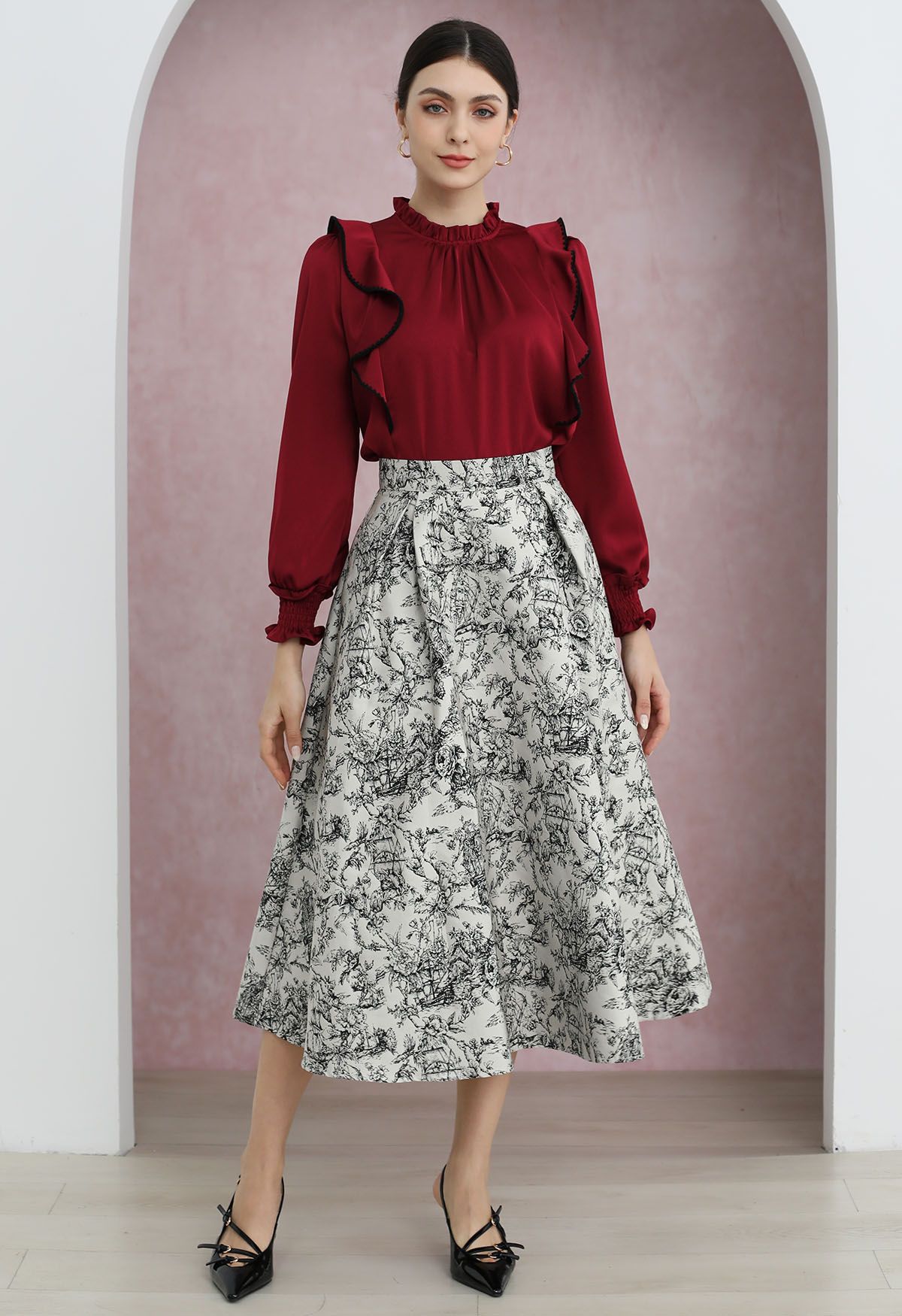 Falda midi elegante de corte A con estampado floral en jacquard