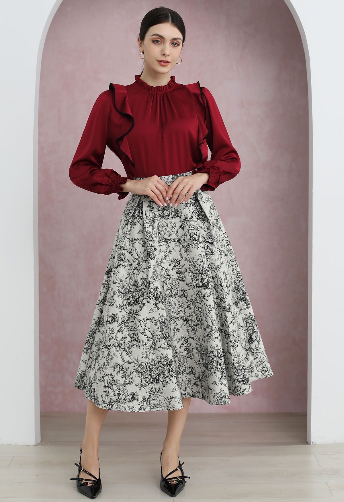 Falda midi elegante de corte A con estampado floral en jacquard