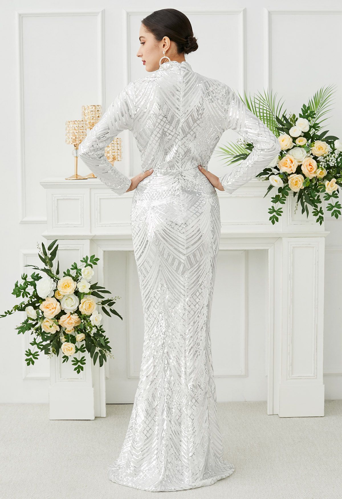 Geometric Sequin Mock Neck Mermaid Gown in White