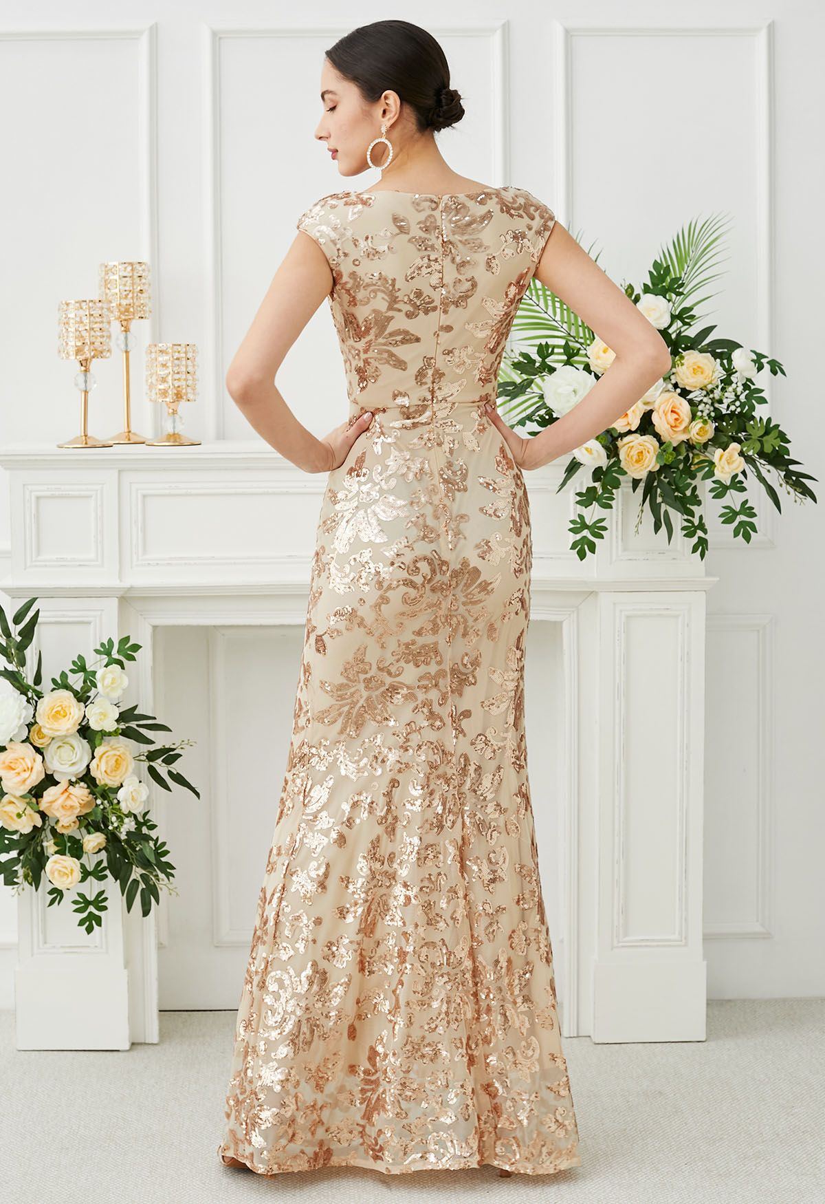 Floral Sequin Sweetheart Neck Mermaid Gown in Apricot