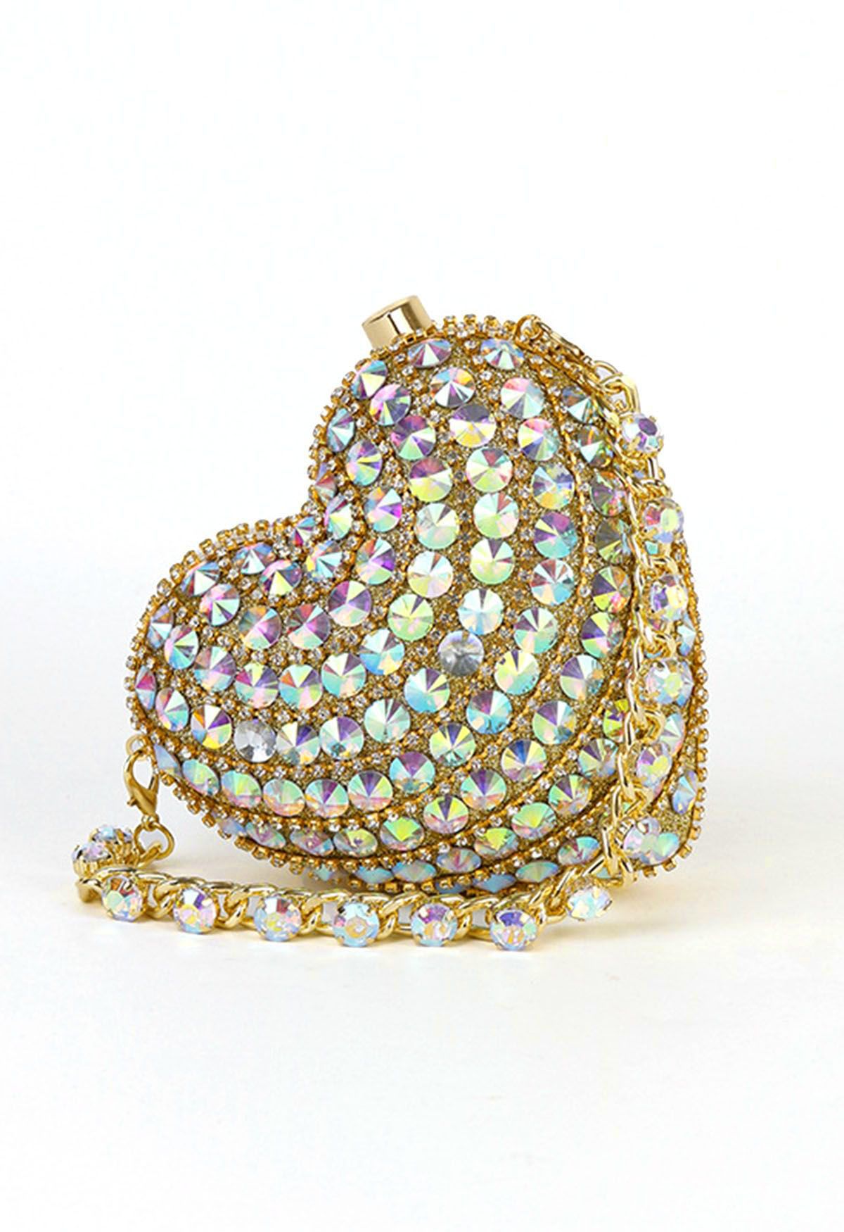 Bolso de hombro con forma de corazón y diamantes de imitación en dorado