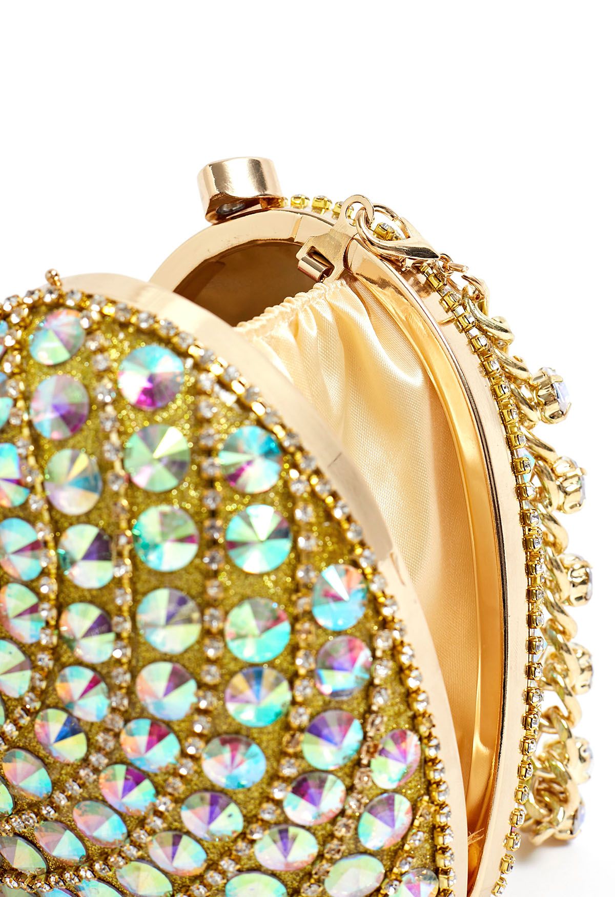 Bolso de hombro con forma de corazón y diamantes de imitación en dorado