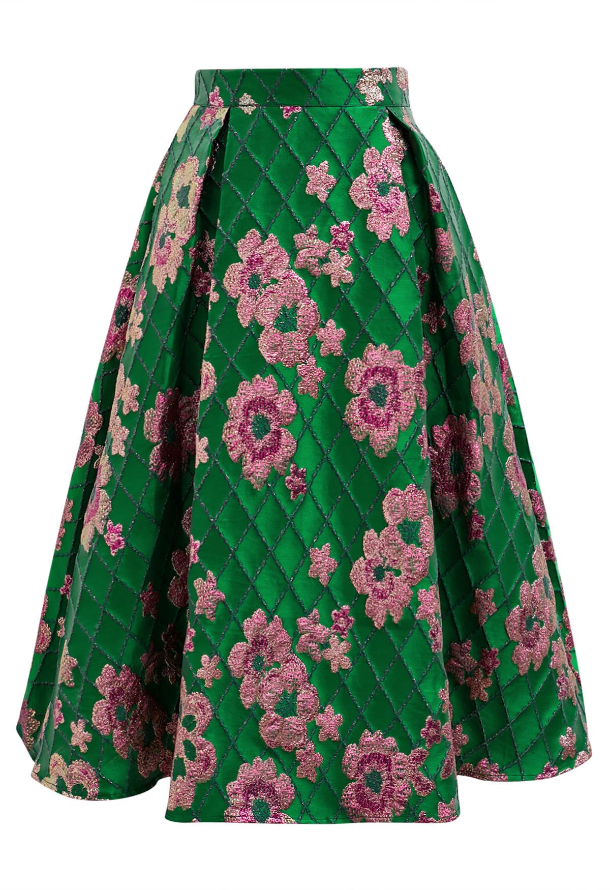 Falda midi de jacquard con cuadrícula y estampado floral en verde