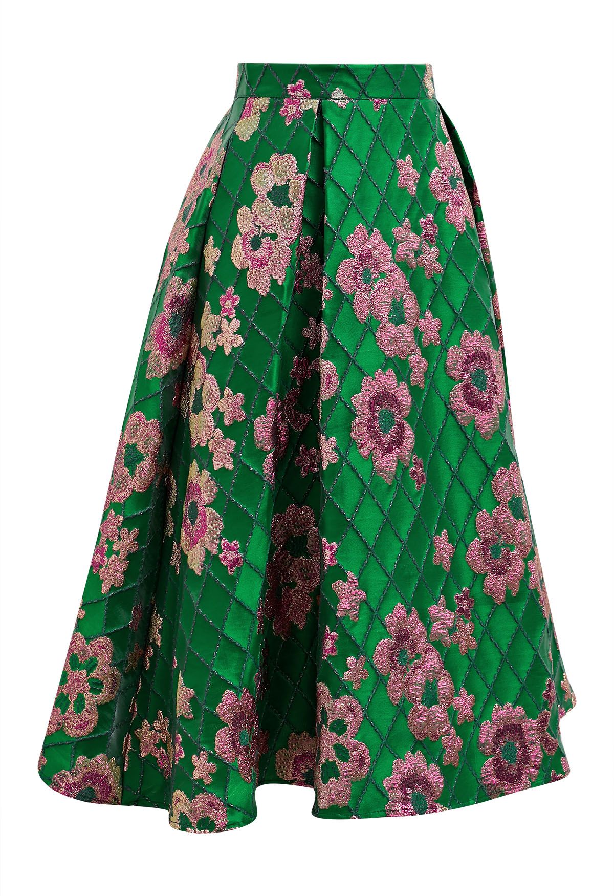 Falda midi de jacquard con cuadrícula y estampado floral en verde