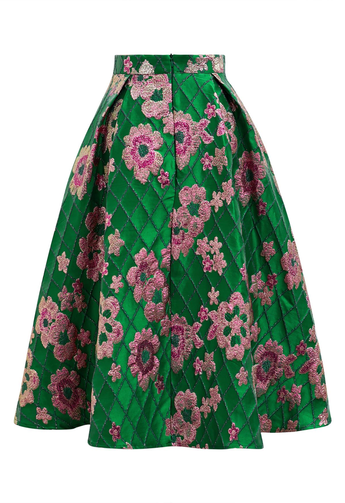 Falda midi de jacquard con cuadrícula y estampado floral en verde