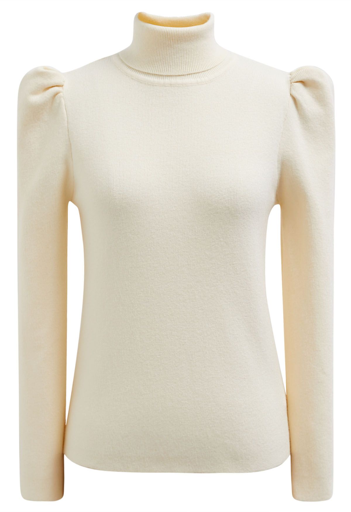 Top de punto con cuello alto y mangas cortas en color crema