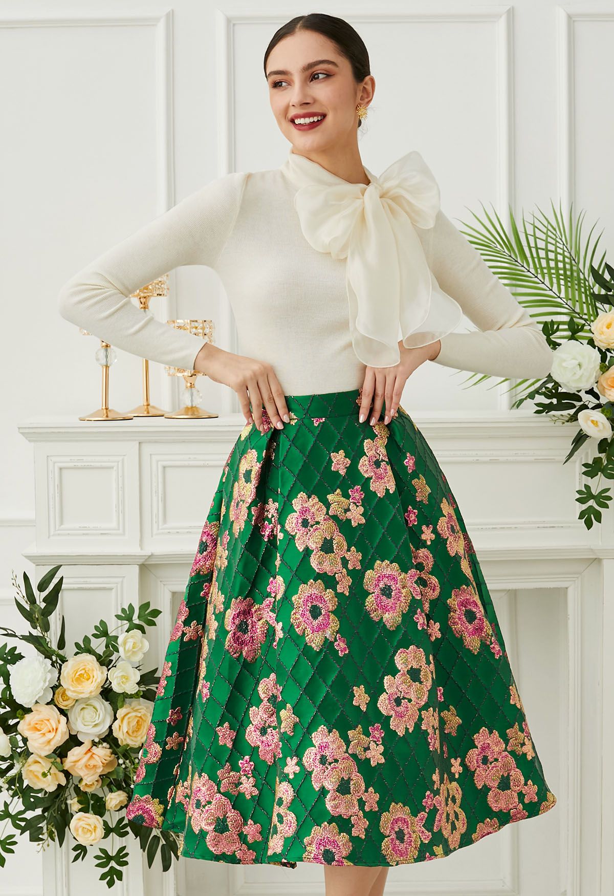 Falda midi de jacquard con cuadrícula y estampado floral en verde